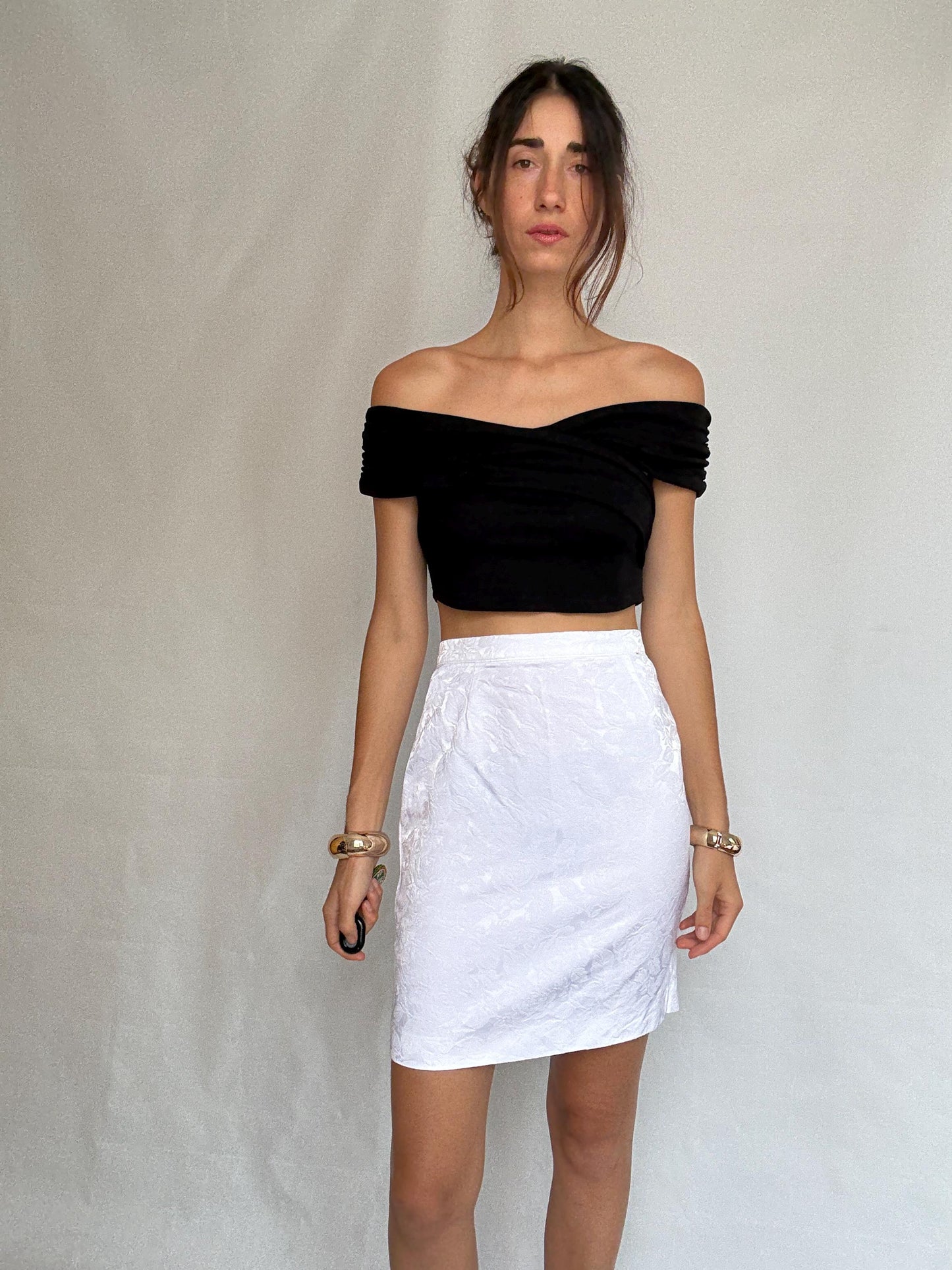 Vintage white floral skirt, cotton viscose blend, straight fit, textured floral pattern, minimalist Rooney Mara style, US M