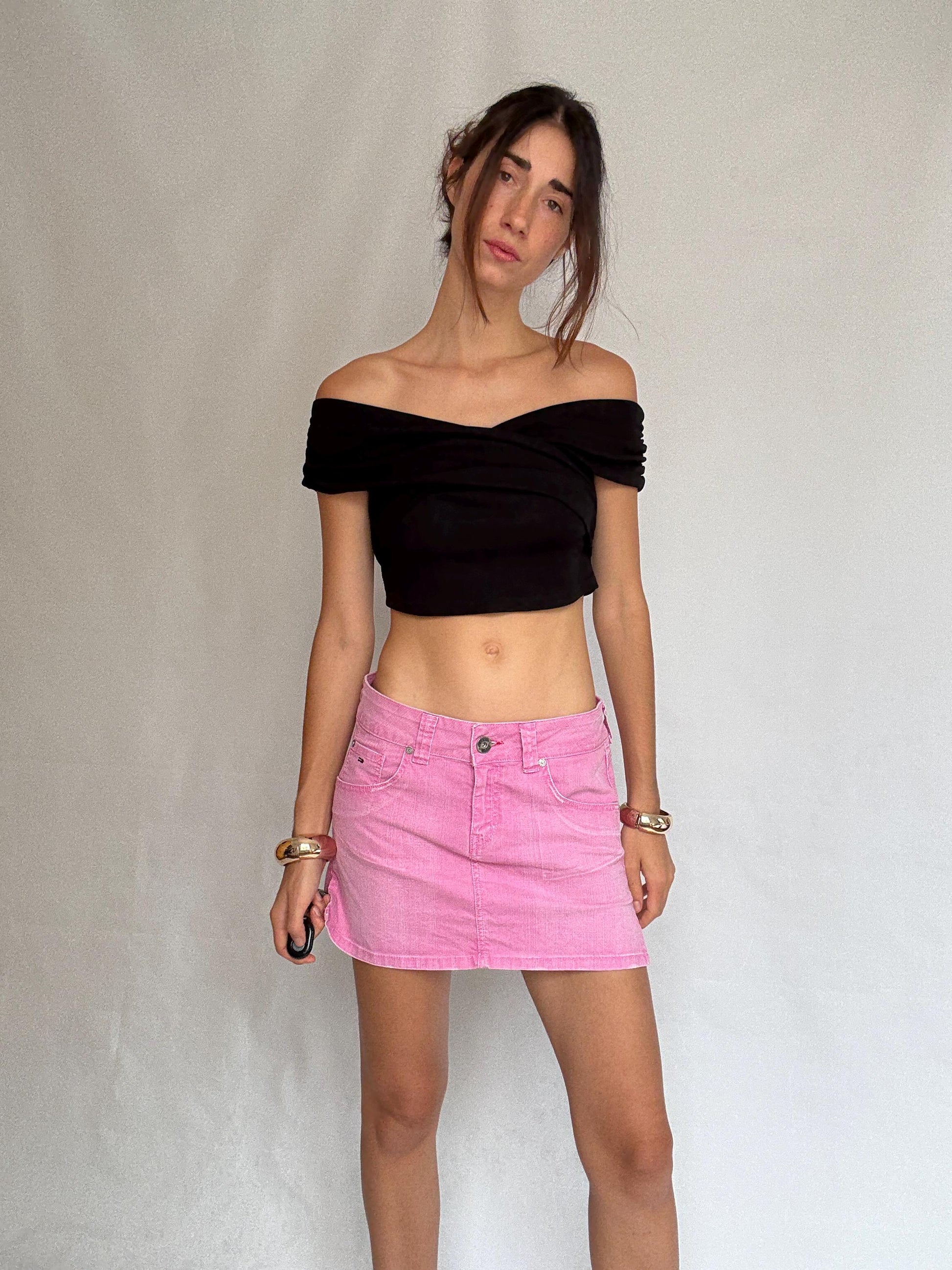 Tommy Hilfiger Pink denim mini skirt, structured fit, front button and zip, logo detail, casual streetwear, US M, versatile outings