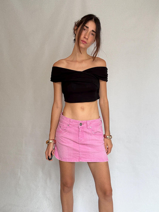 Tommy Hilfiger Pink denim mini skirt, structured fit, front button and zip, logo detail, casual streetwear, US M, versatile outings