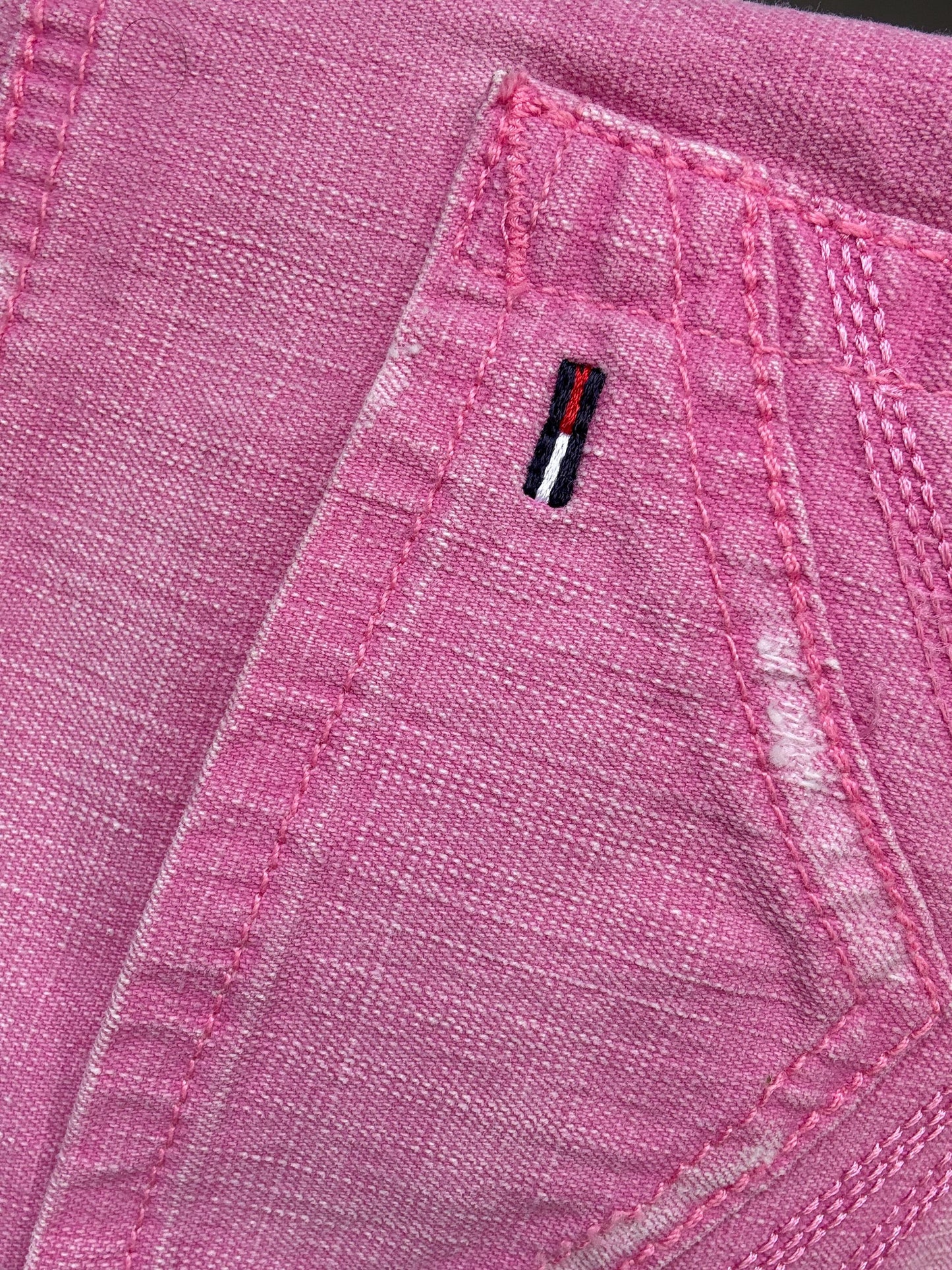 Tommy Hilfiger Pink denim mini skirt, structured fit, front button and zip, logo detail, casual streetwear, US M, versatile outings