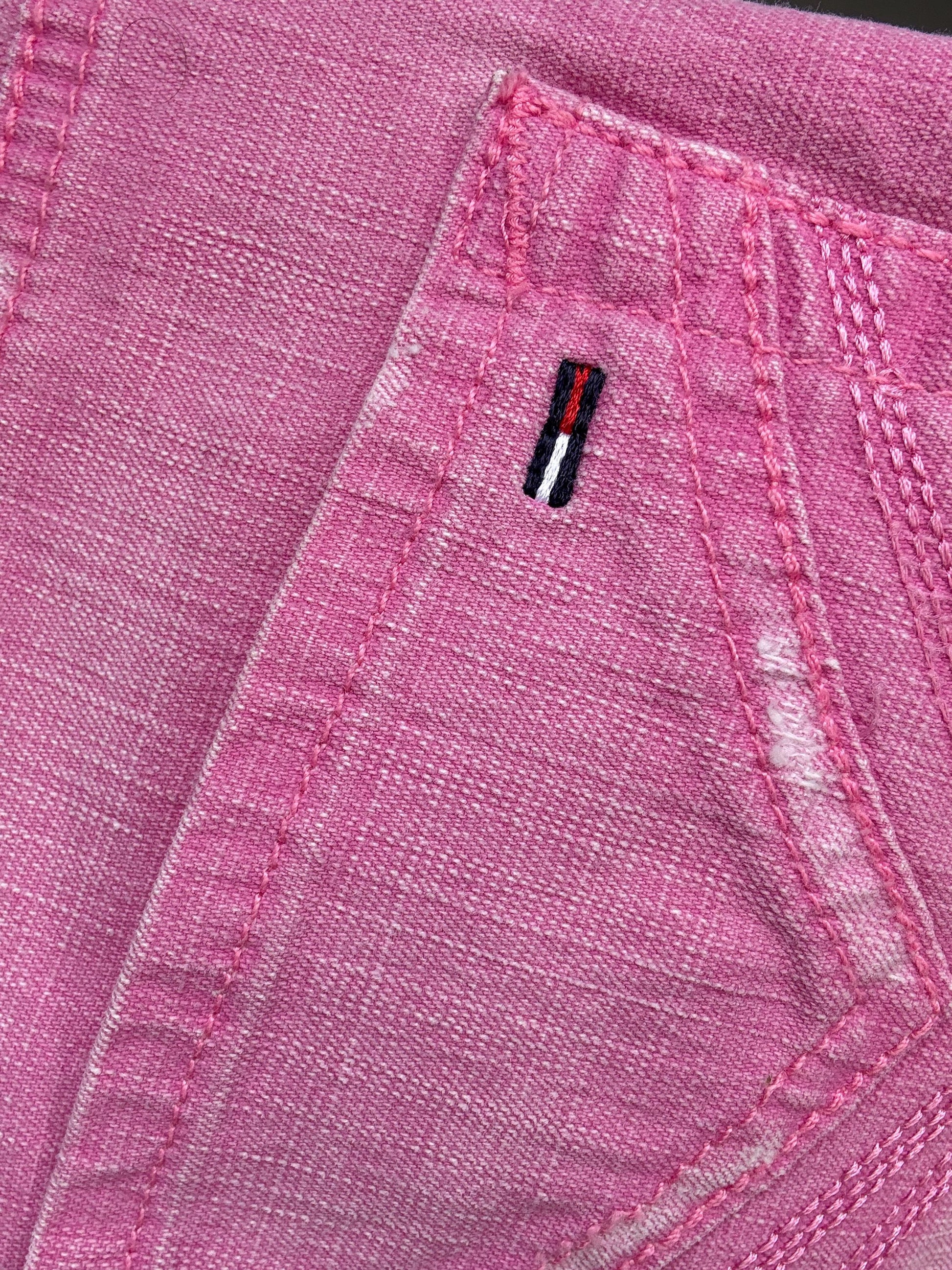 Tommy Hilfiger Pink denim mini skirt, structured fit, front button and zip, logo detail, casual streetwear, US M, versatile outings