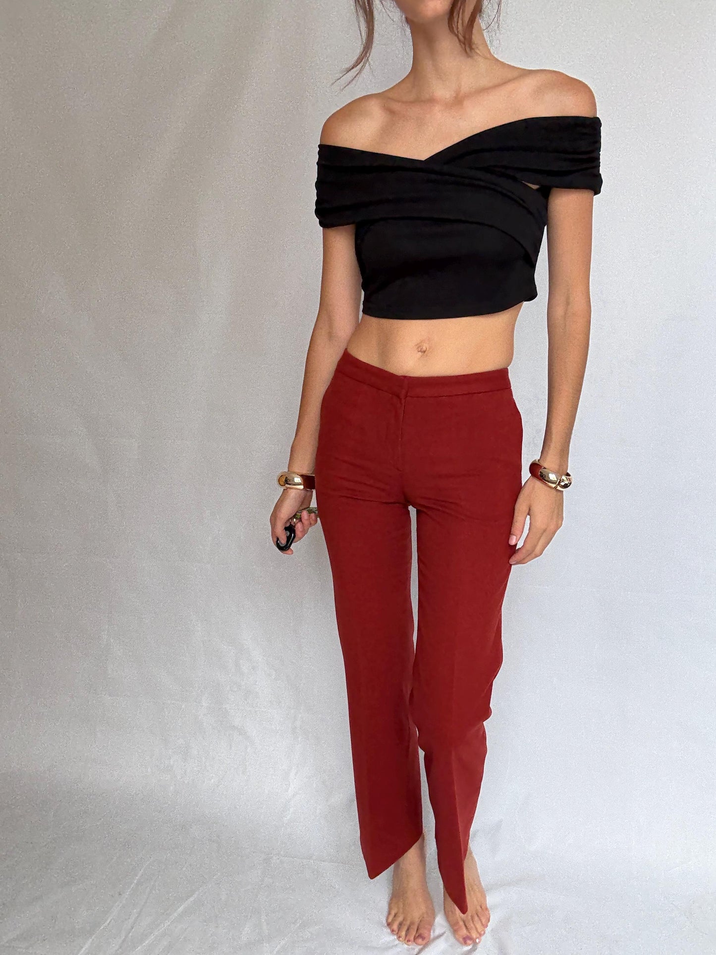 Massimo Dutti red trousers, pure wool, high waist tailored fit, streamlined look, elegant chic, US S, formal office wear