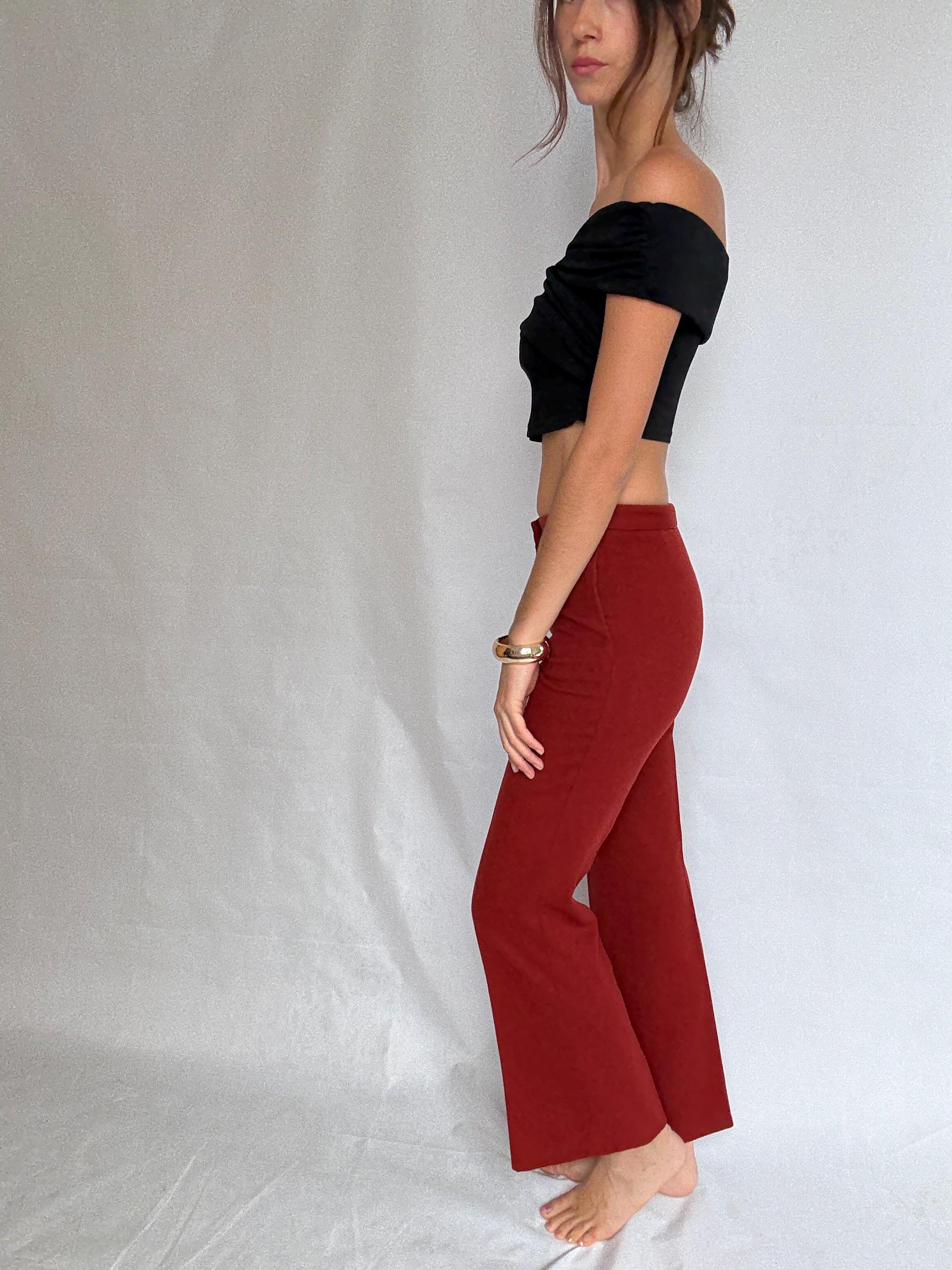 Massimo Dutti red trousers, pure wool, high waist tailored fit, streamlined look, elegant chic, US S, formal office wear