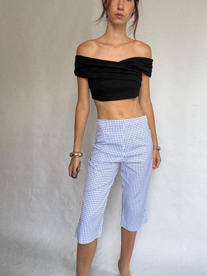Vintage Light Blue Checked Cropped Pants