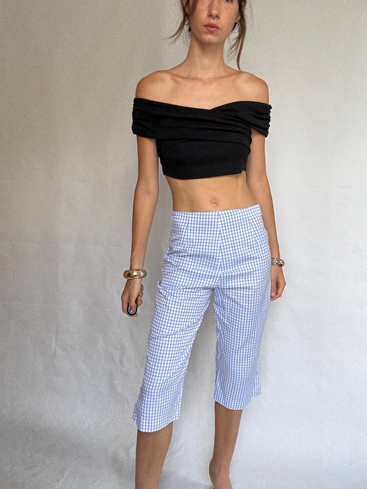 Burberry light blue checked cropped pants, 100% cotton, fitted waist, embroidered logo detail, vintage retro 80s, US S, casual streetwear