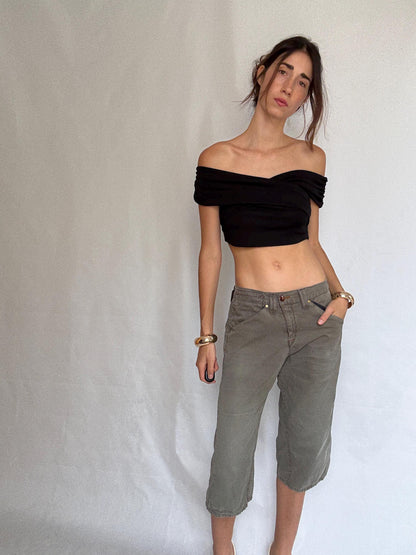 Olive Green Cropped Trousers, Cotton Blend