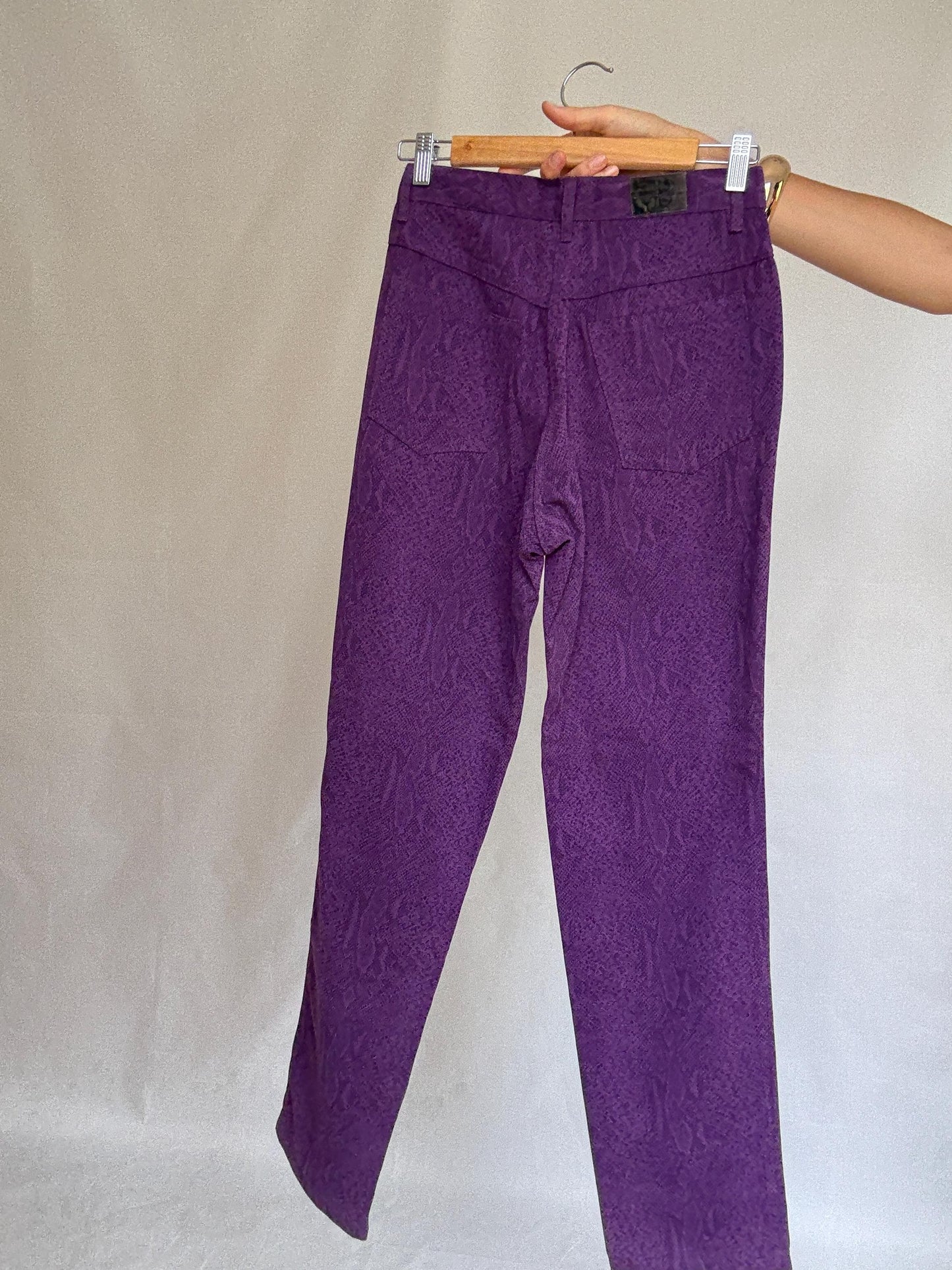 Vintage purple snake print jeans, 100% cotton, high waist, straight leg, textured pattern, retro_80s vibe, US XS, streetwear chic