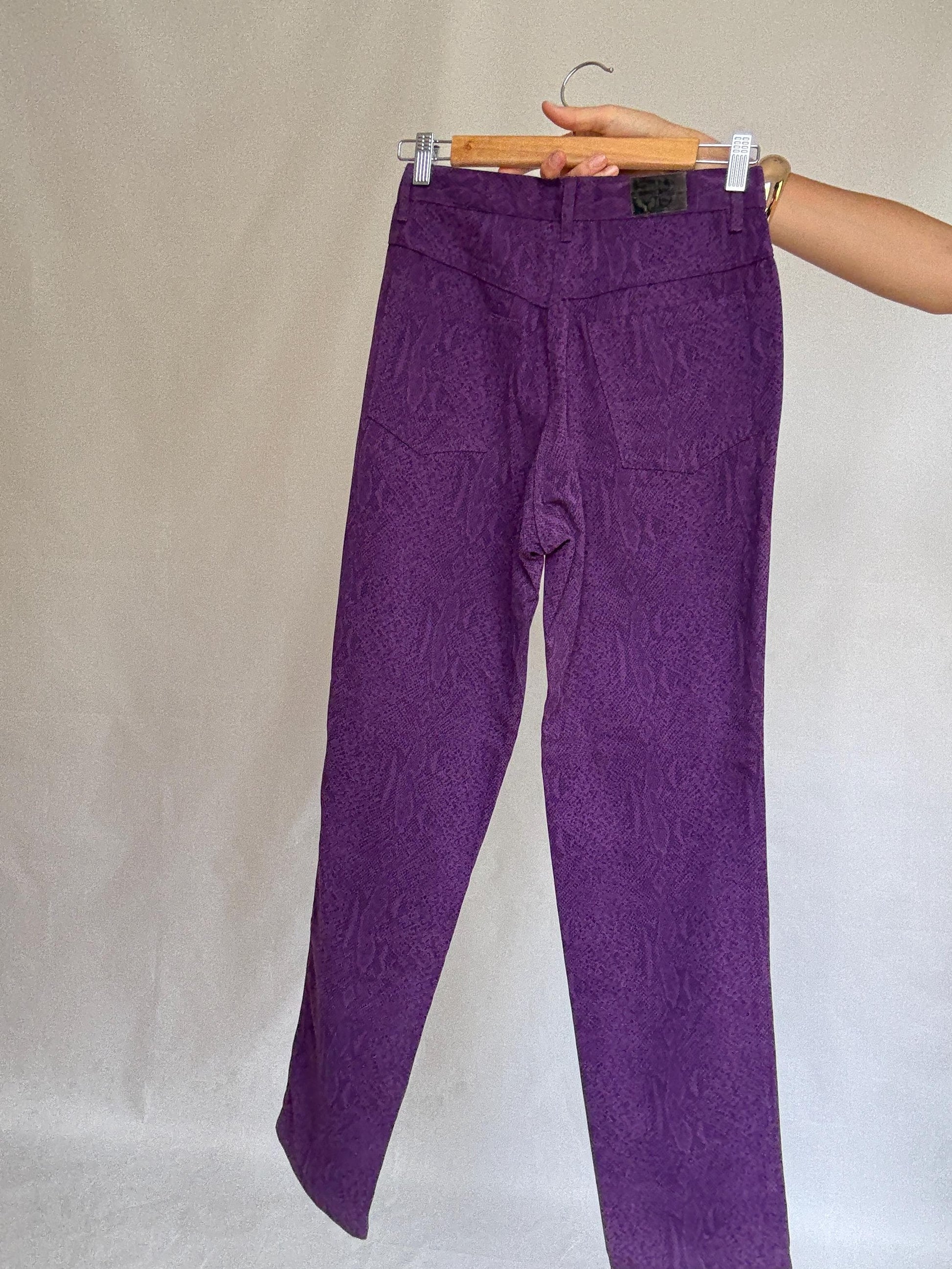 Vintage purple snake print jeans, 100% cotton, high waist, straight leg, textured pattern, retro_80s vibe, US XS, streetwear chic