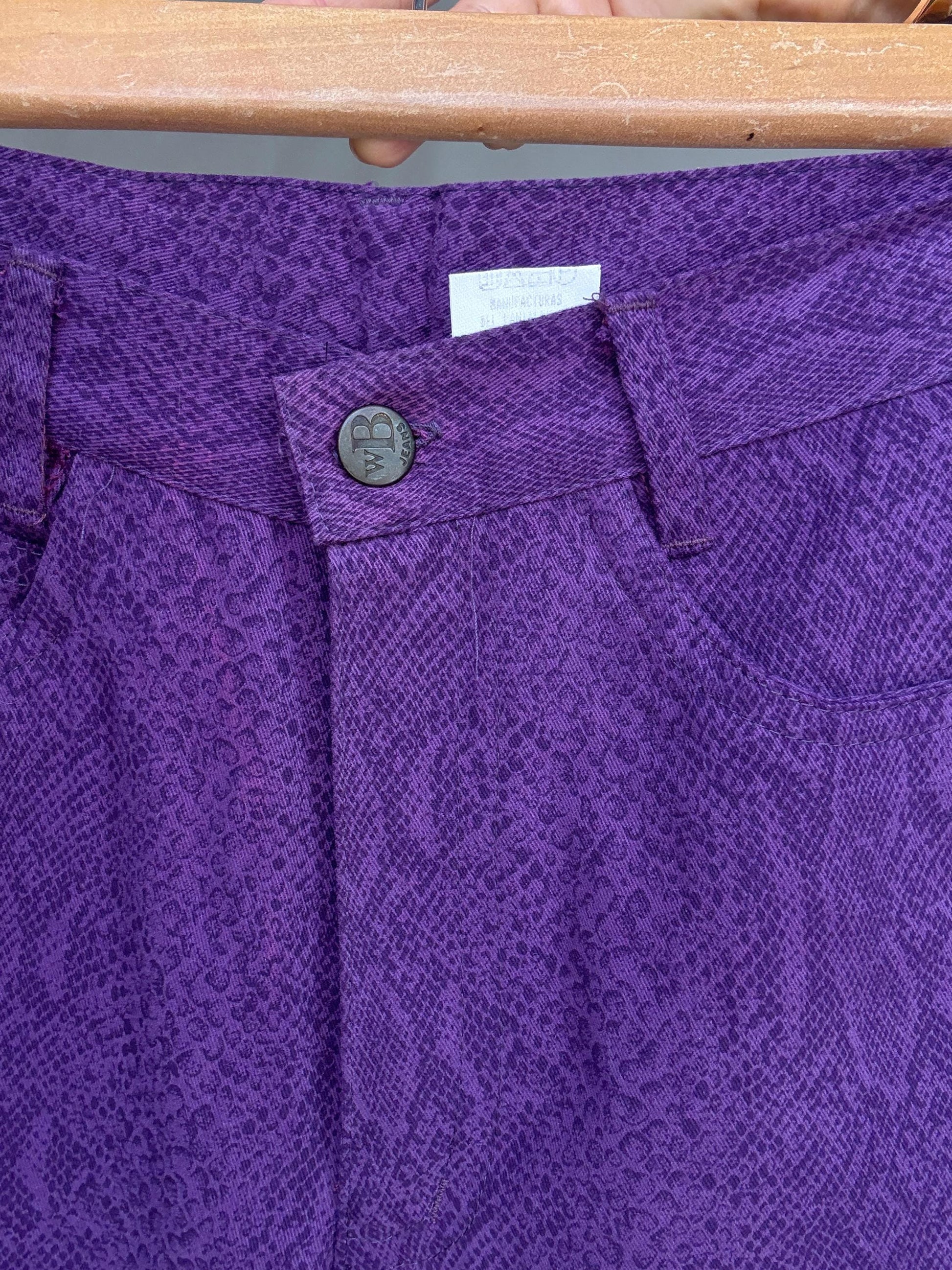 Vintage purple snake print jeans, 100% cotton, high waist, straight leg, textured pattern, retro_80s vibe, US XS, streetwear chic