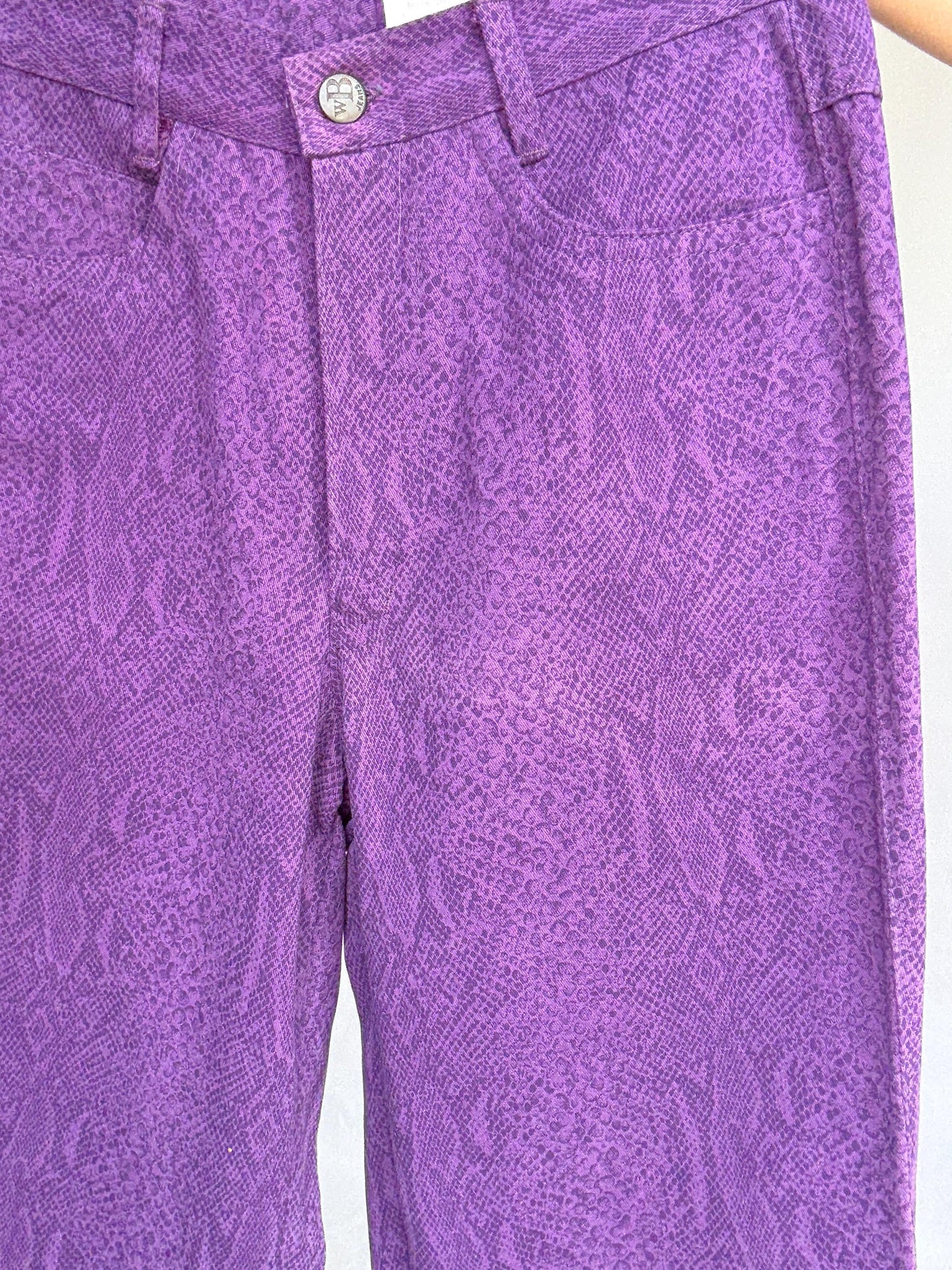 Vintage purple snake print jeans, 100% cotton, high waist, straight leg, textured pattern, retro_80s vibe, US XS, streetwear chic