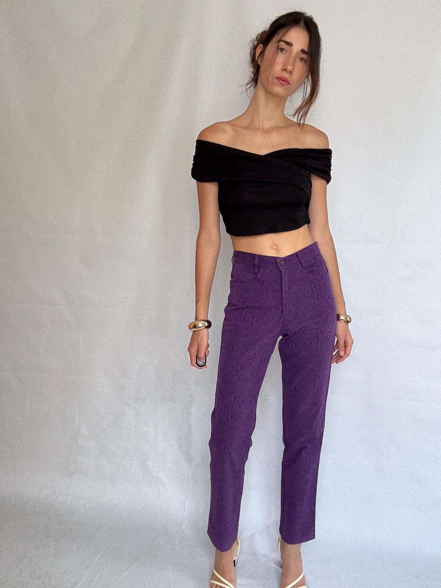 Vintage purple snake print jeans, 100% cotton, high waist, straight leg, textured pattern, retro_80s vibe, US XS, streetwear chic