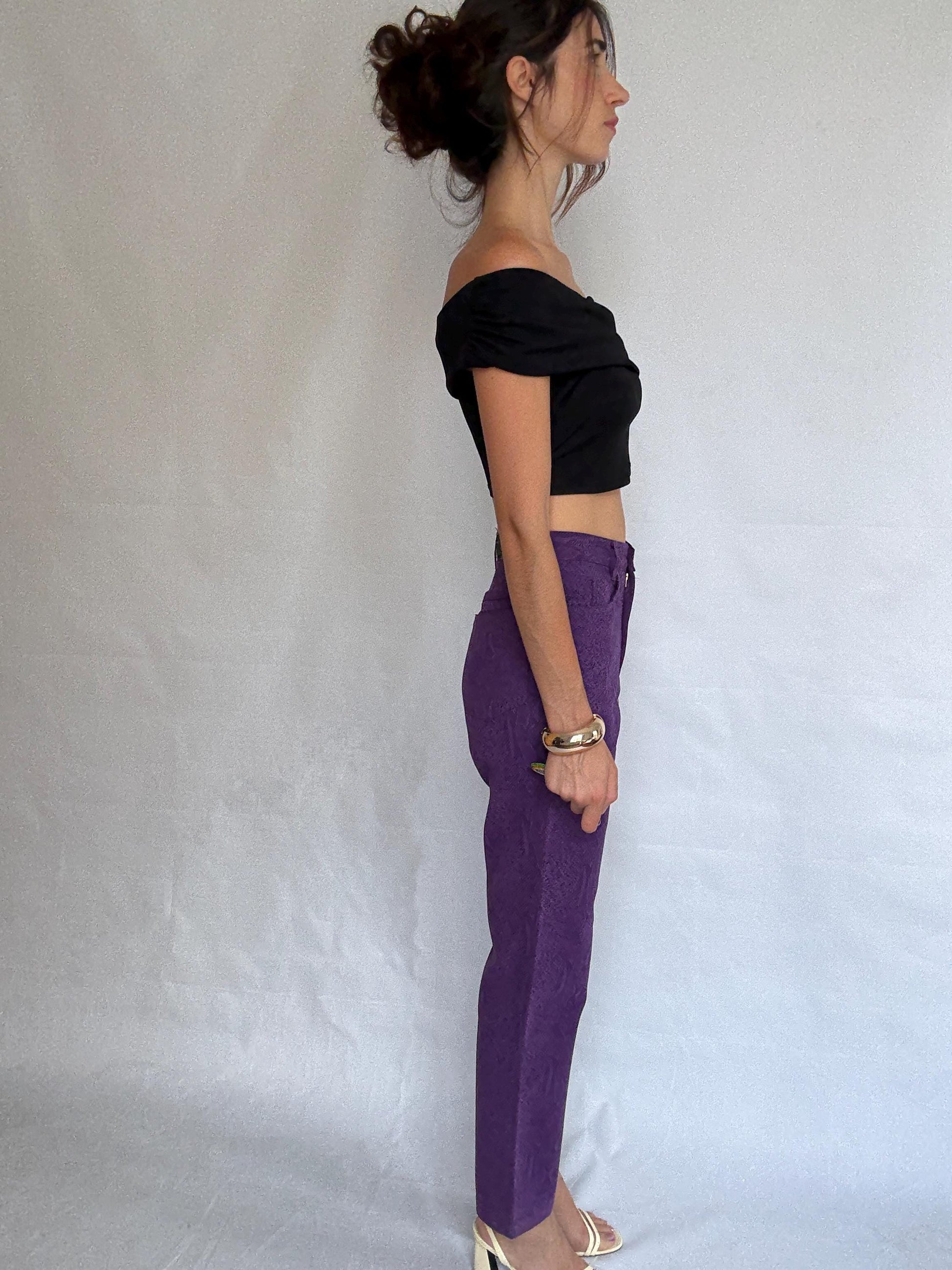 Vintage purple snake print jeans, 100% cotton, high waist, straight leg, textured pattern, retro_80s vibe, US XS, streetwear chic