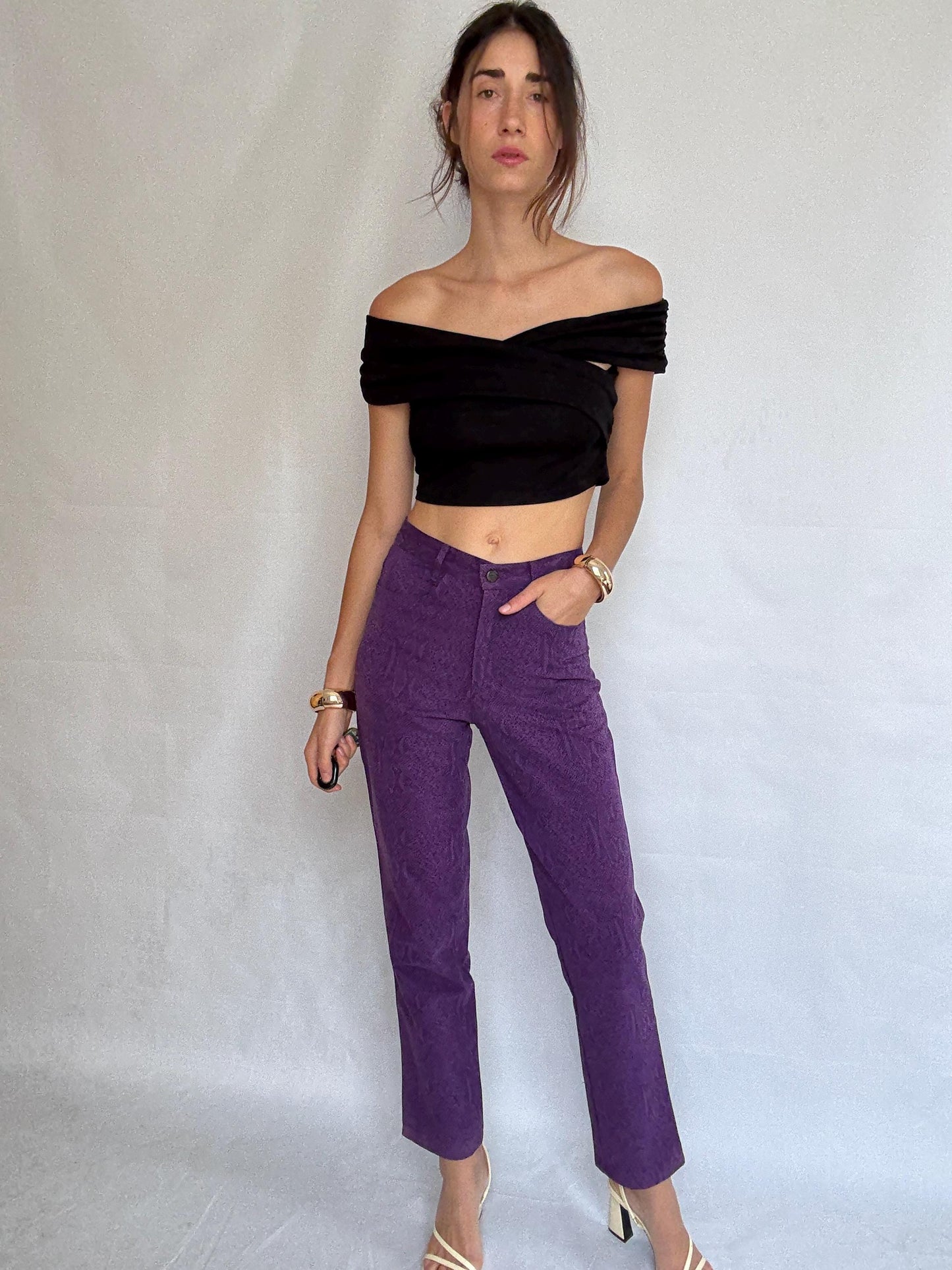 Vintage purple snake print jeans, 100% cotton, high waist, straight leg, textured pattern, retro_80s vibe, US XS, streetwear chic