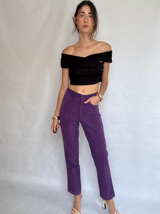 Vintage purple snake print jeans, 100% cotton, high waist, straight leg, textured pattern, retro_80s vibe, US XS, streetwear chic