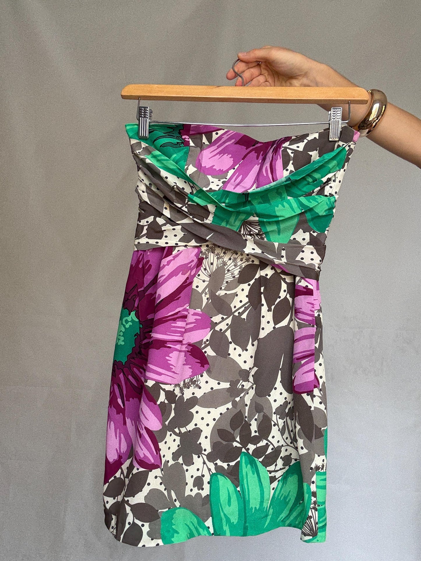 Paul & Joe Sister vibrant floral strapless dress, silk exterior, form, fitting silhouette, bold floral print, US L, chic summer style