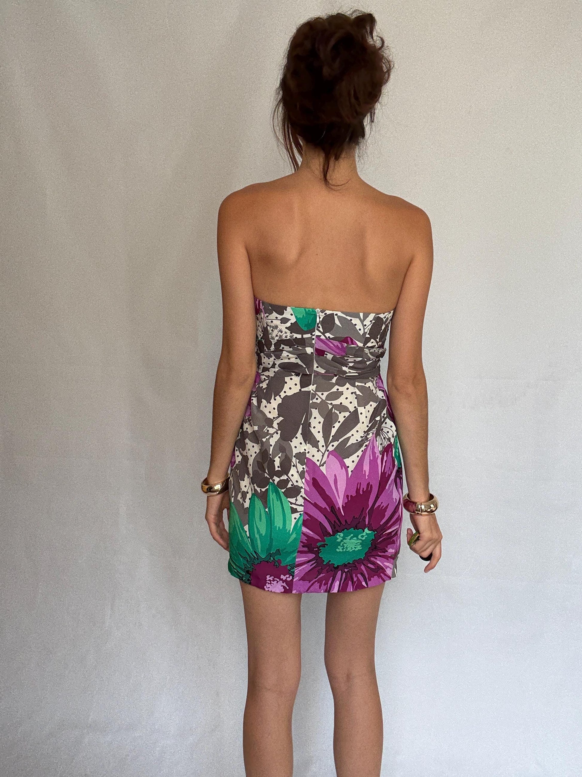 Paul & Joe Sister vibrant floral strapless dress, silk exterior, form, fitting silhouette, bold floral print, US L, chic summer style