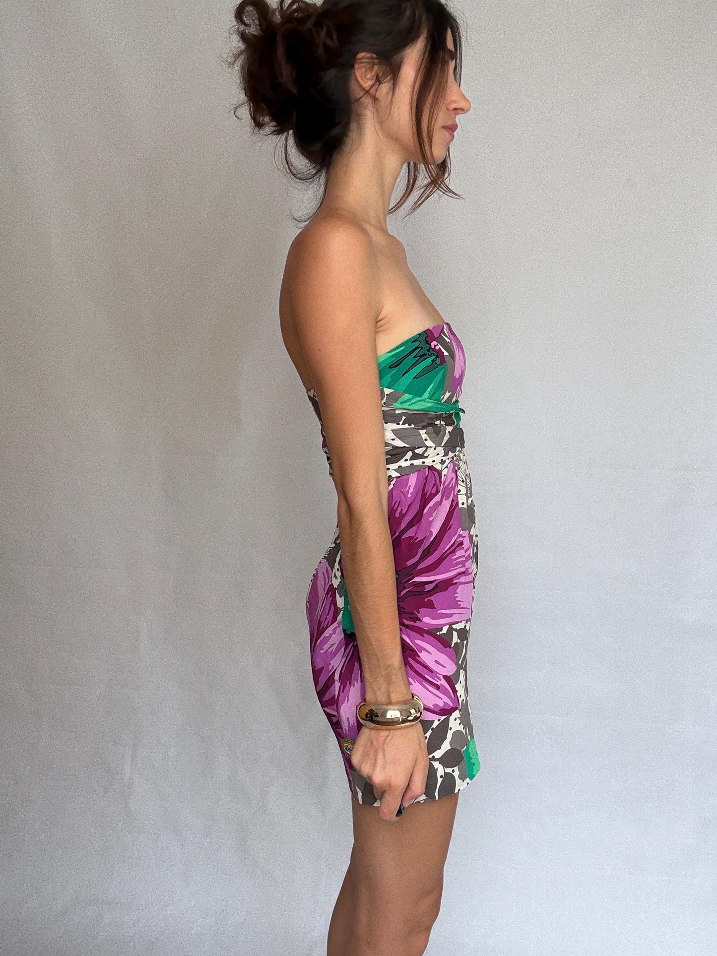 Paul & Joe Sister vibrant floral strapless dress, silk exterior, form, fitting silhouette, bold floral print, US L, chic summer style