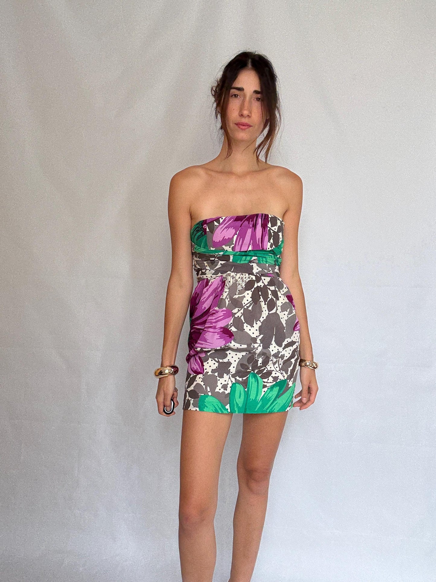 Paul & Joe Sister vibrant floral strapless dress, silk exterior, form, fitting silhouette, bold floral print, US L, chic summer style