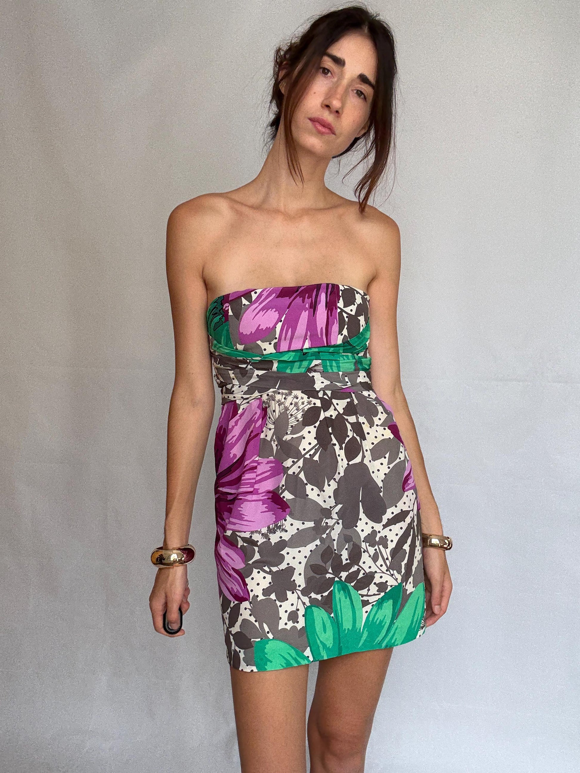Paul & Joe Sister vibrant floral strapless dress, silk exterior, form, fitting silhouette, bold floral print, US L, chic summer style