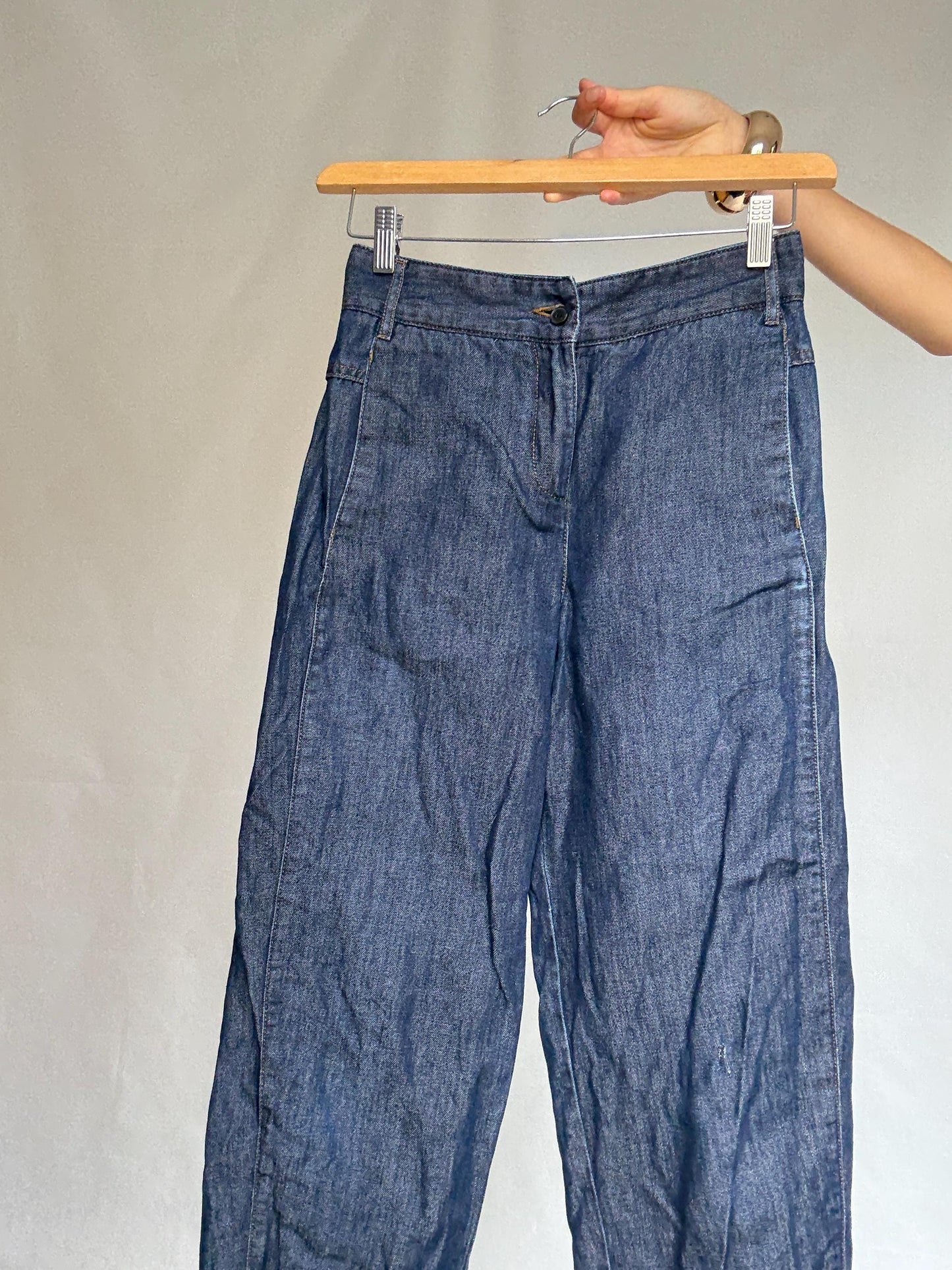 Adolfo Dominguez denim pants, cotton high waist cropped fit, Spanish designer clothing, Size S, casual streetwear