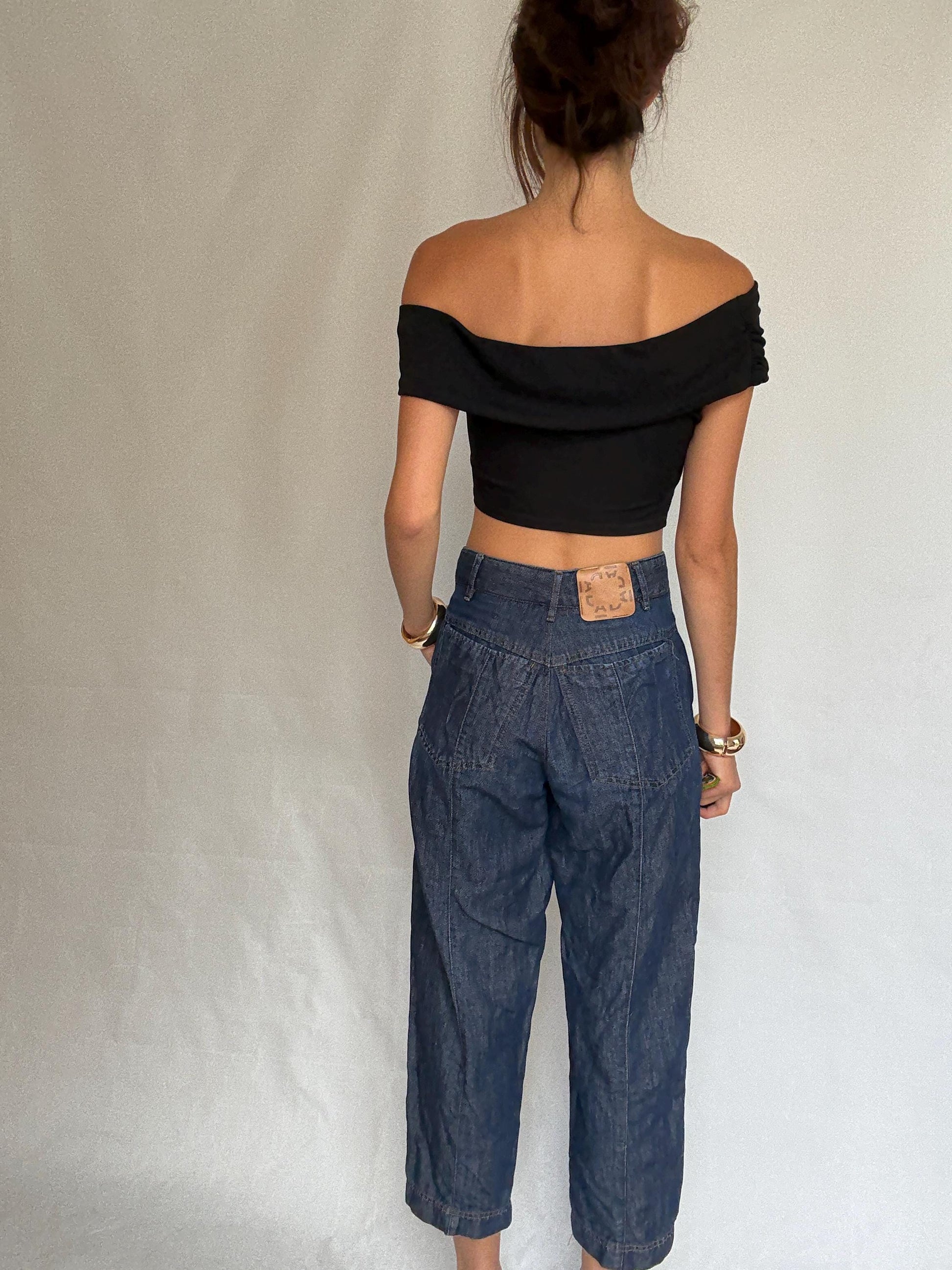 Adolfo Dominguez denim pants, cotton high waist cropped fit, Spanish designer clothing, Size S, casual streetwear