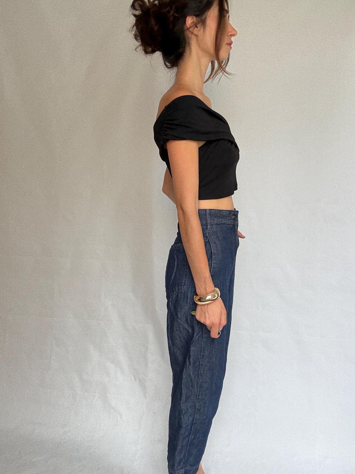 Adolfo Dominguez denim pants, cotton high waist cropped fit, Spanish designer clothing, Size S, casual streetwear