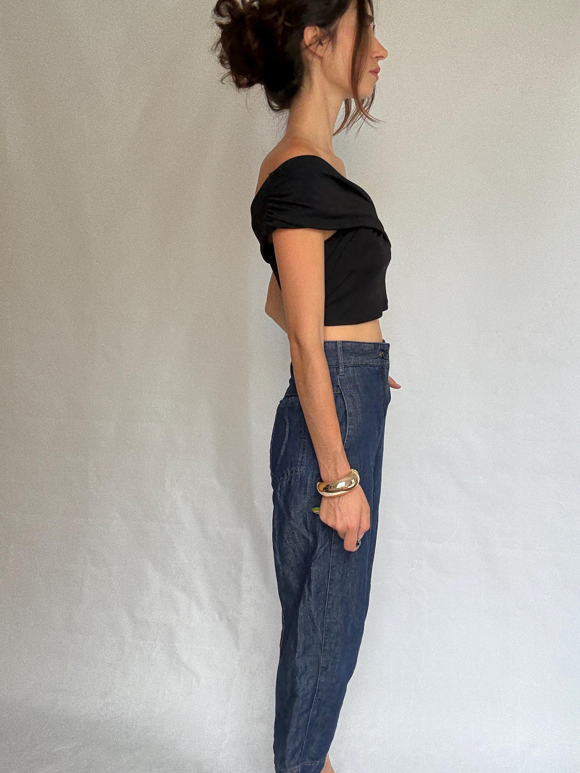 Adolfo Dominguez denim pants, cotton high waist cropped fit, Spanish designer clothing, Size S, casual streetwear