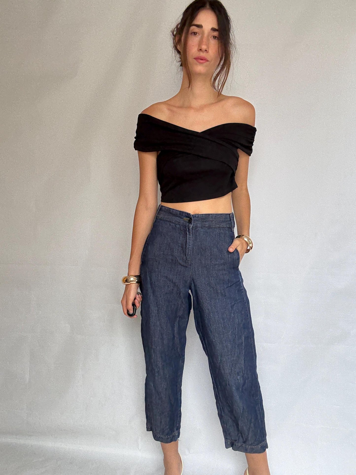 Adolfo Dominguez denim pants, cotton high waist cropped fit, Spanish designer clothing, Size S, casual streetwear