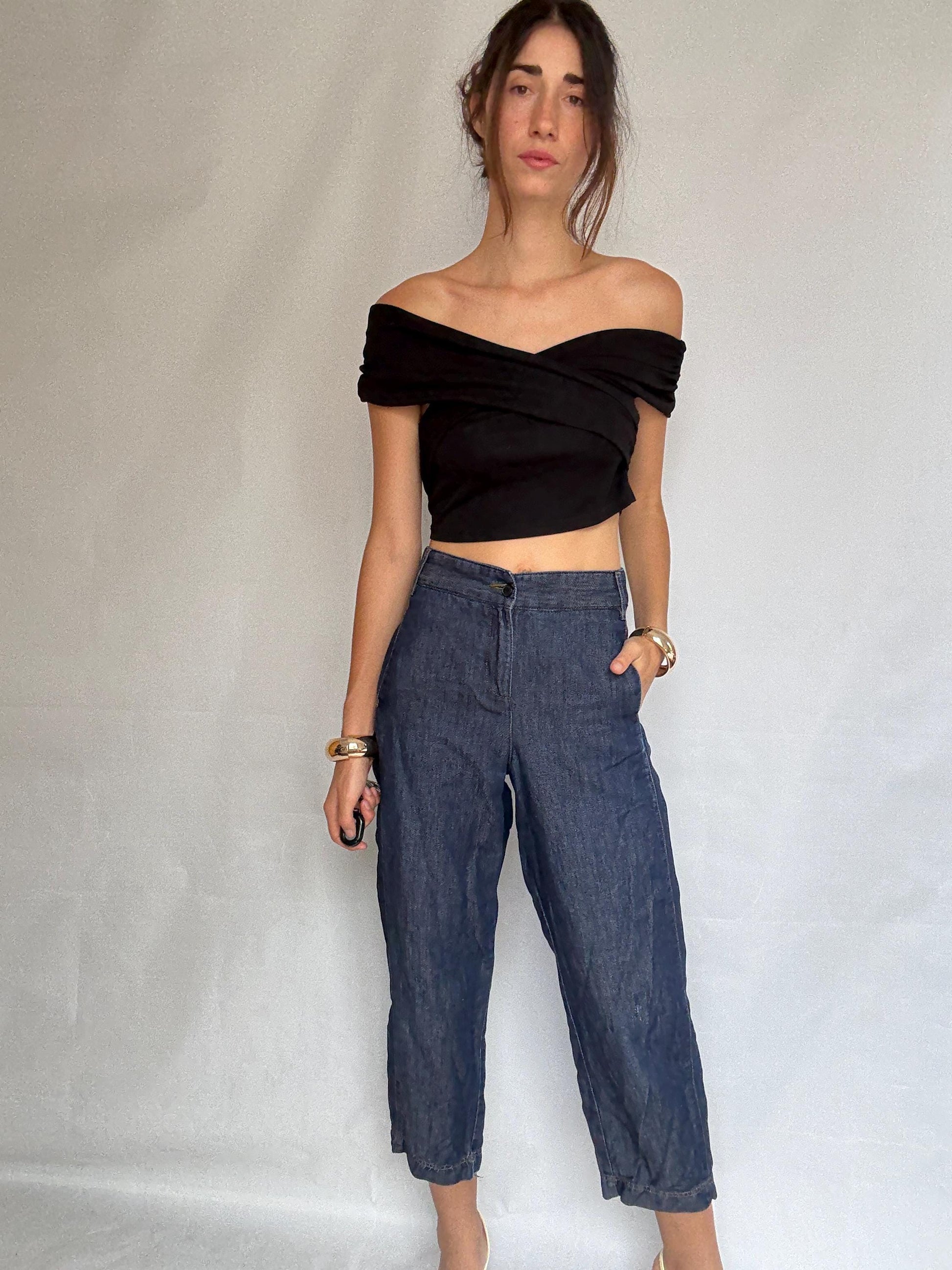 Adolfo Dominguez denim pants, cotton high waist cropped fit, Spanish designer clothing, Size S, casual streetwear
