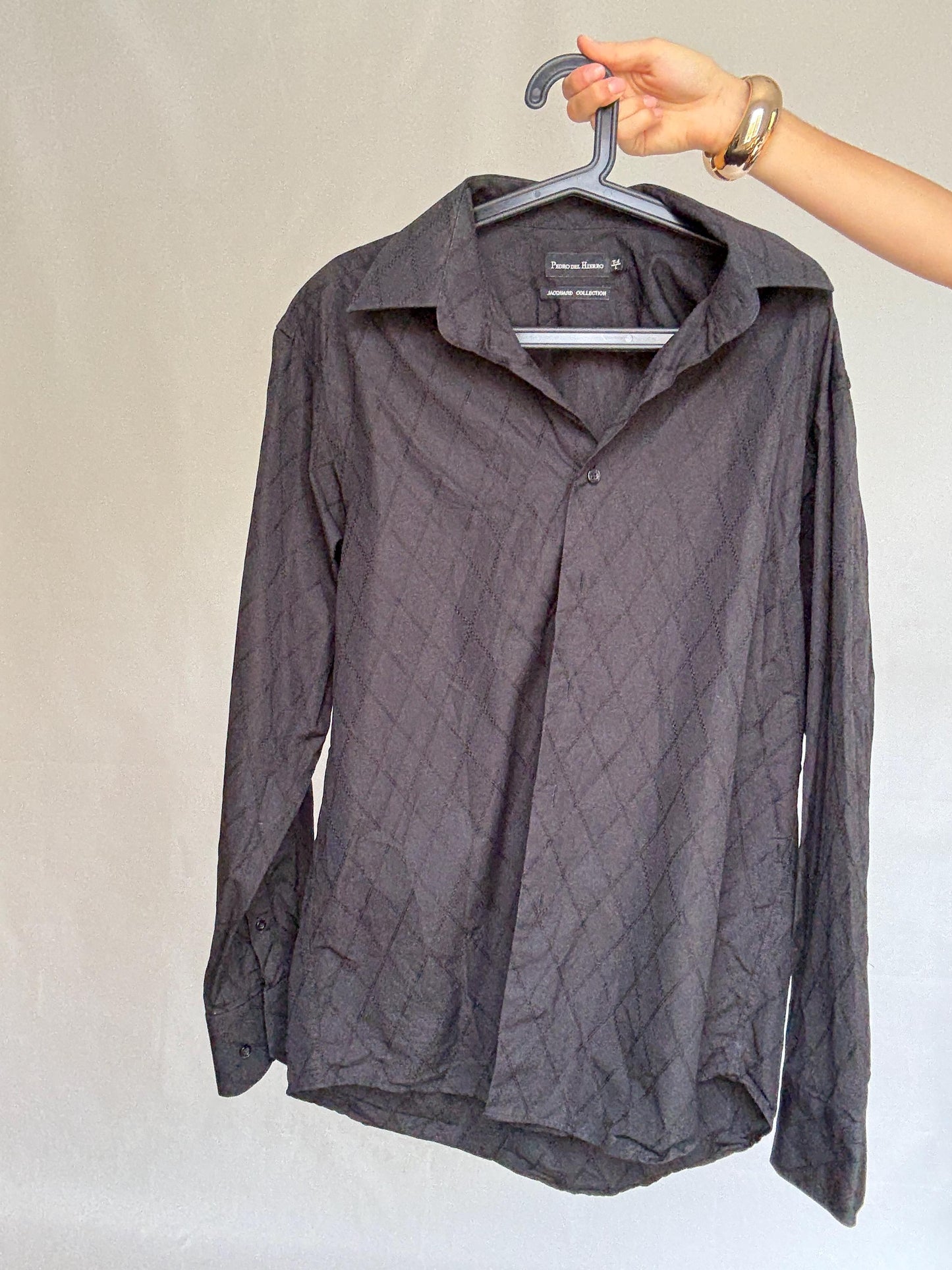 Vintage black quilted shirt, cotton, relaxed fit, classic button, up, diamond quilted pattern, streetwear Kristen Stewart, US L