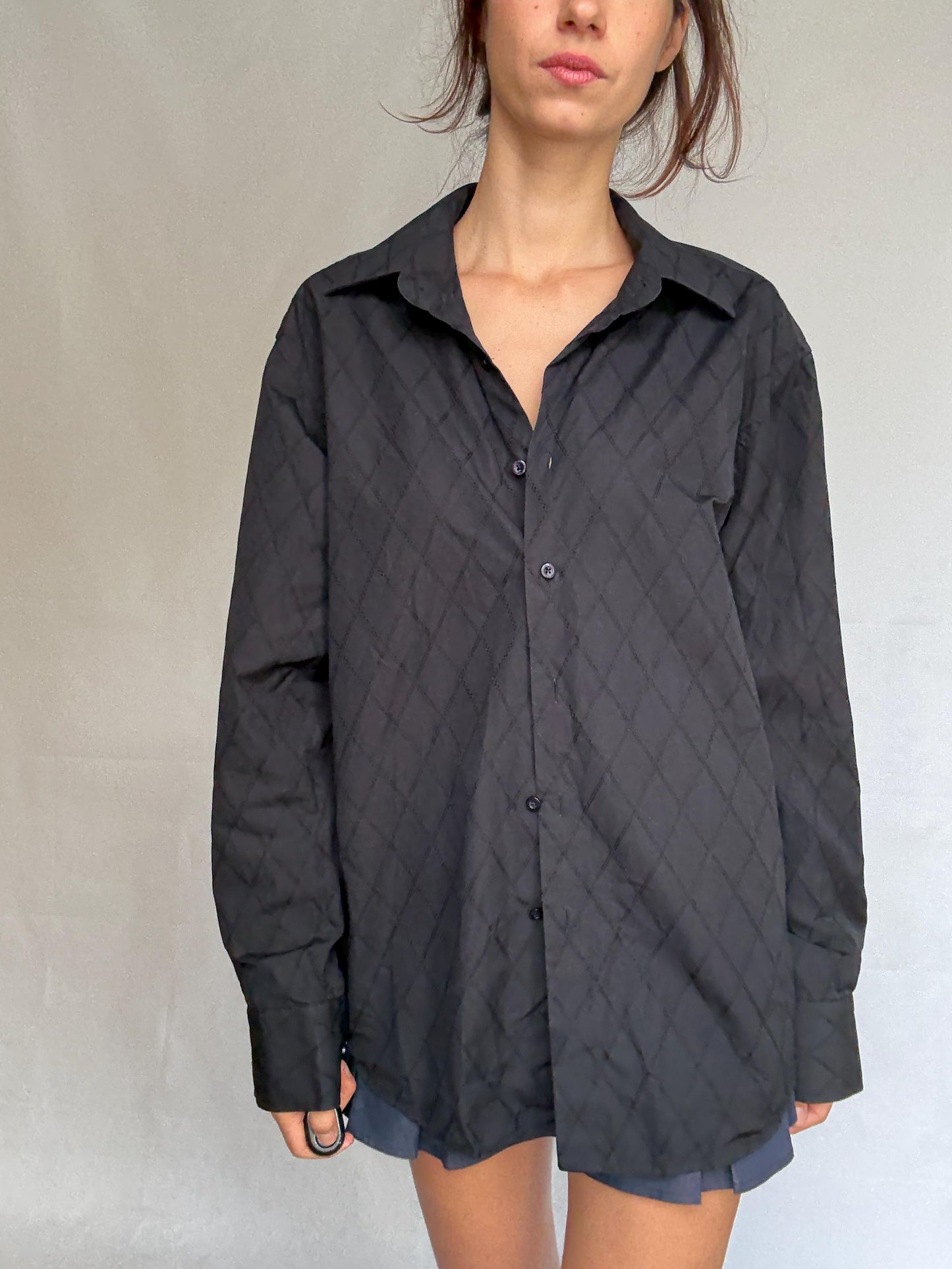 Vintage black quilted shirt, cotton, relaxed fit, classic button, up, diamond quilted pattern, streetwear Kristen Stewart, US L