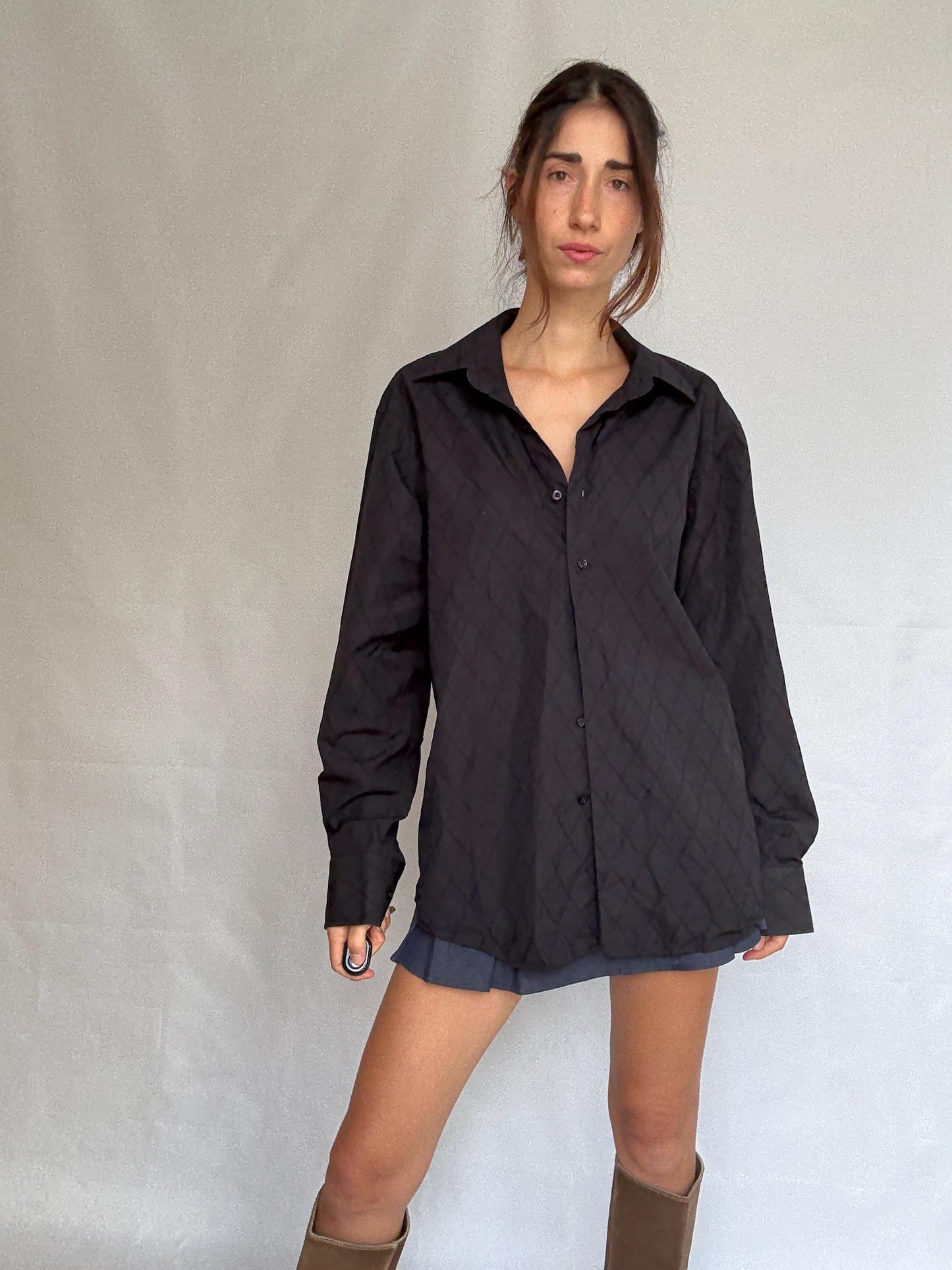 Vintage black quilted shirt, cotton, relaxed fit, classic button, up, diamond quilted pattern, streetwear Kristen Stewart, US L