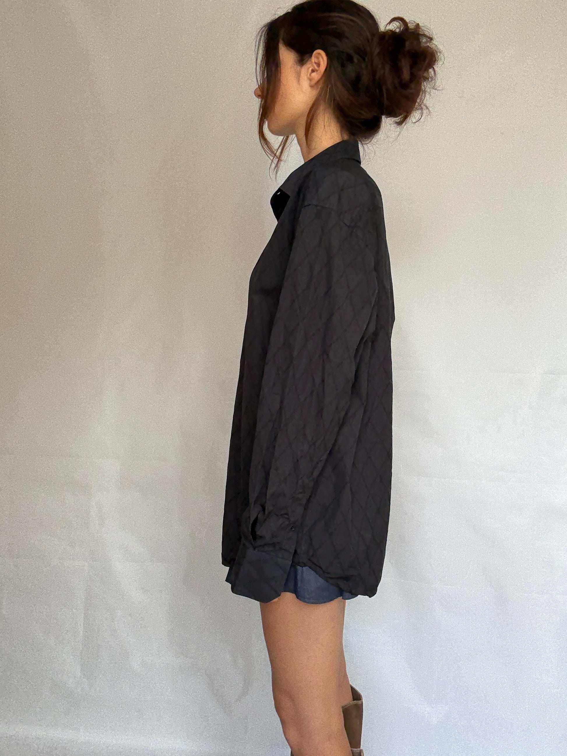 Vintage black quilted shirt, cotton, relaxed fit, classic button, up, diamond quilted pattern, streetwear Kristen Stewart, US L
