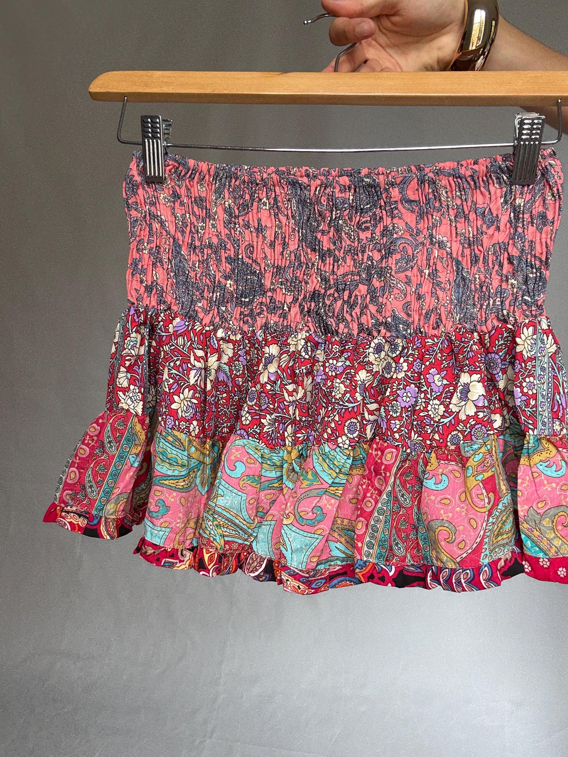 Bohemian patchwork sindia skirt, silk blend feel, high waist smocked band, tiered ruffle hem, bohemian festival vibe, US S, casual summer