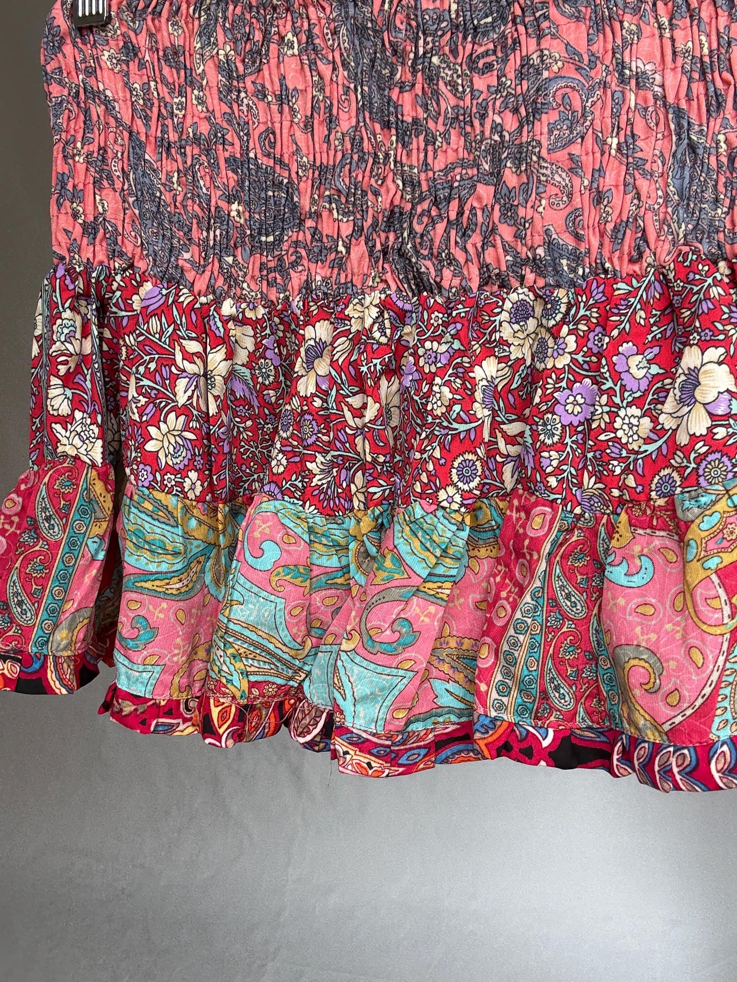 Bohemian patchwork sindia skirt, silk blend feel, high waist smocked band, tiered ruffle hem, bohemian festival vibe, US S, casual summer