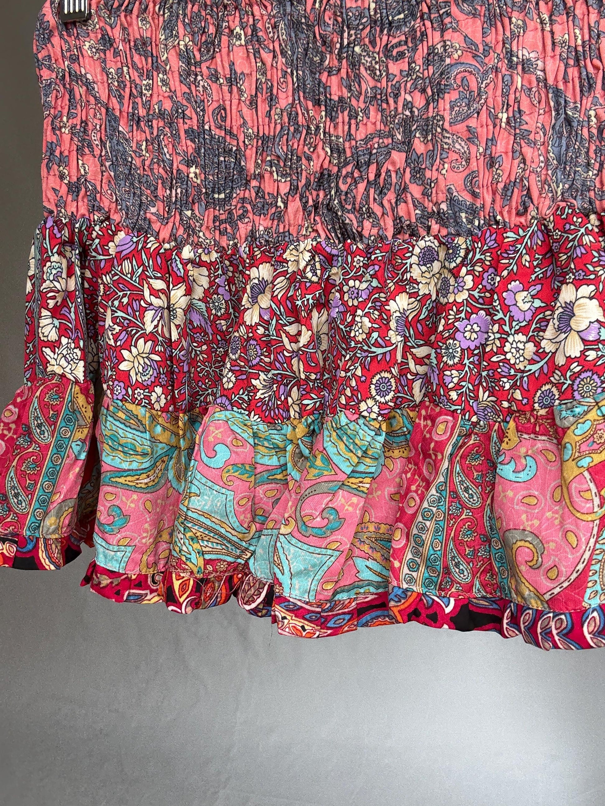 Bohemian patchwork sindia skirt, silk blend feel, high waist smocked band, tiered ruffle hem, bohemian festival vibe, US S, casual summer