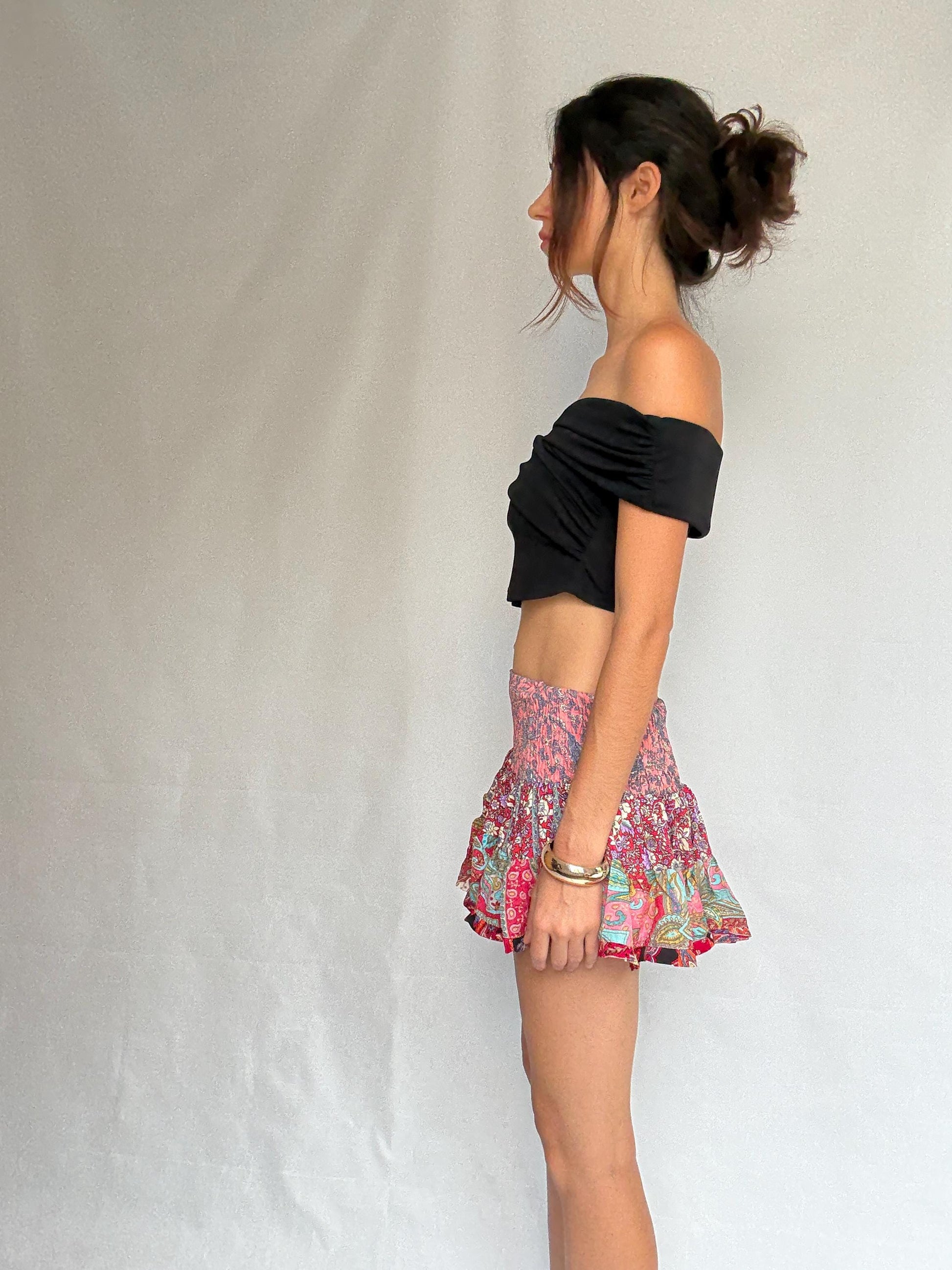 Bohemian patchwork sindia skirt, silk blend feel, high waist smocked band, tiered ruffle hem, bohemian festival vibe, US S, casual summer