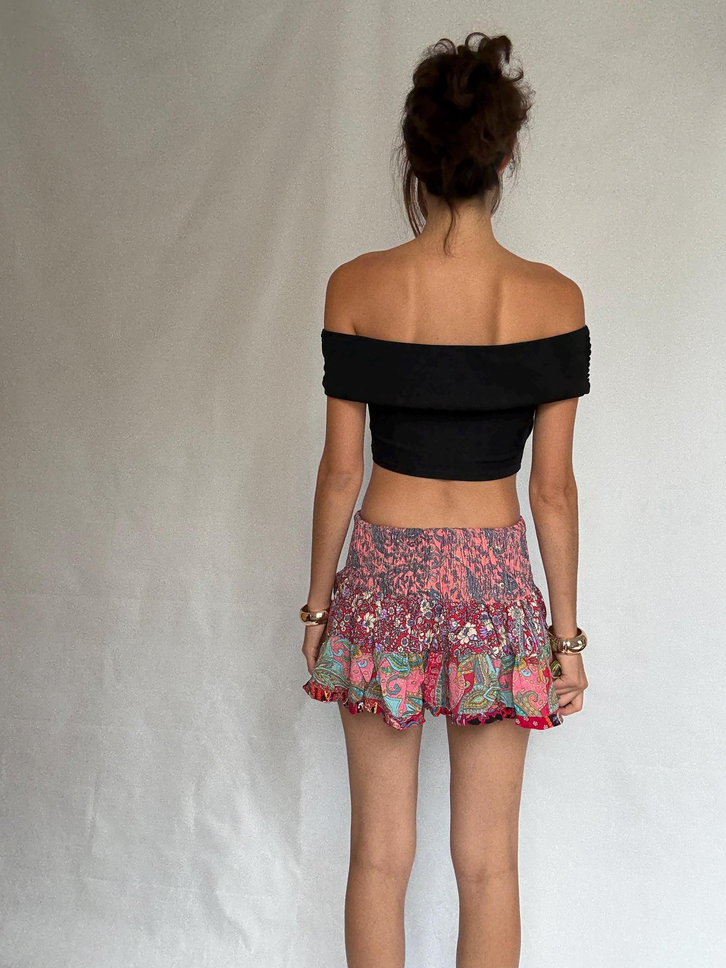 Bohemian patchwork sindia skirt, silk blend feel, high waist smocked band, tiered ruffle hem, bohemian festival vibe, US S, casual summer