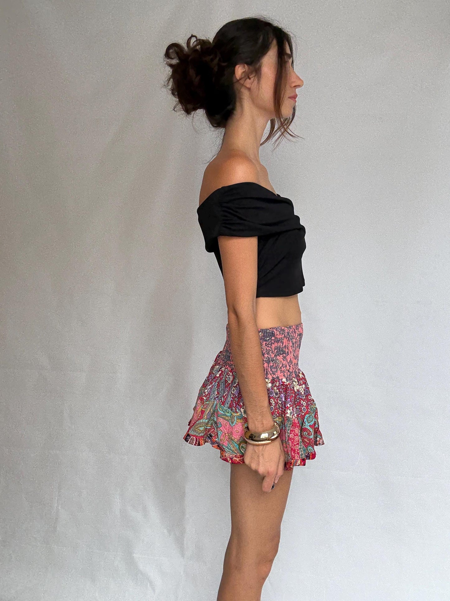 Bohemian patchwork sindia skirt, silk blend feel, high waist smocked band, tiered ruffle hem, bohemian festival vibe, US S, casual summer