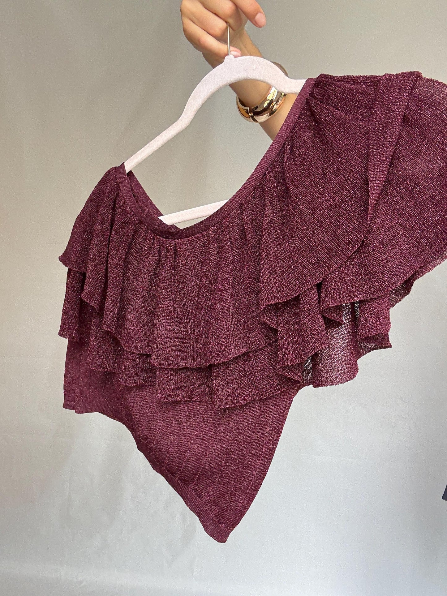 Vintage burgundy one, shoulder top, metallic ribbed knit feel, asymmetrical cut, ruffle detail, elegant chic vibe, US M, evening wear