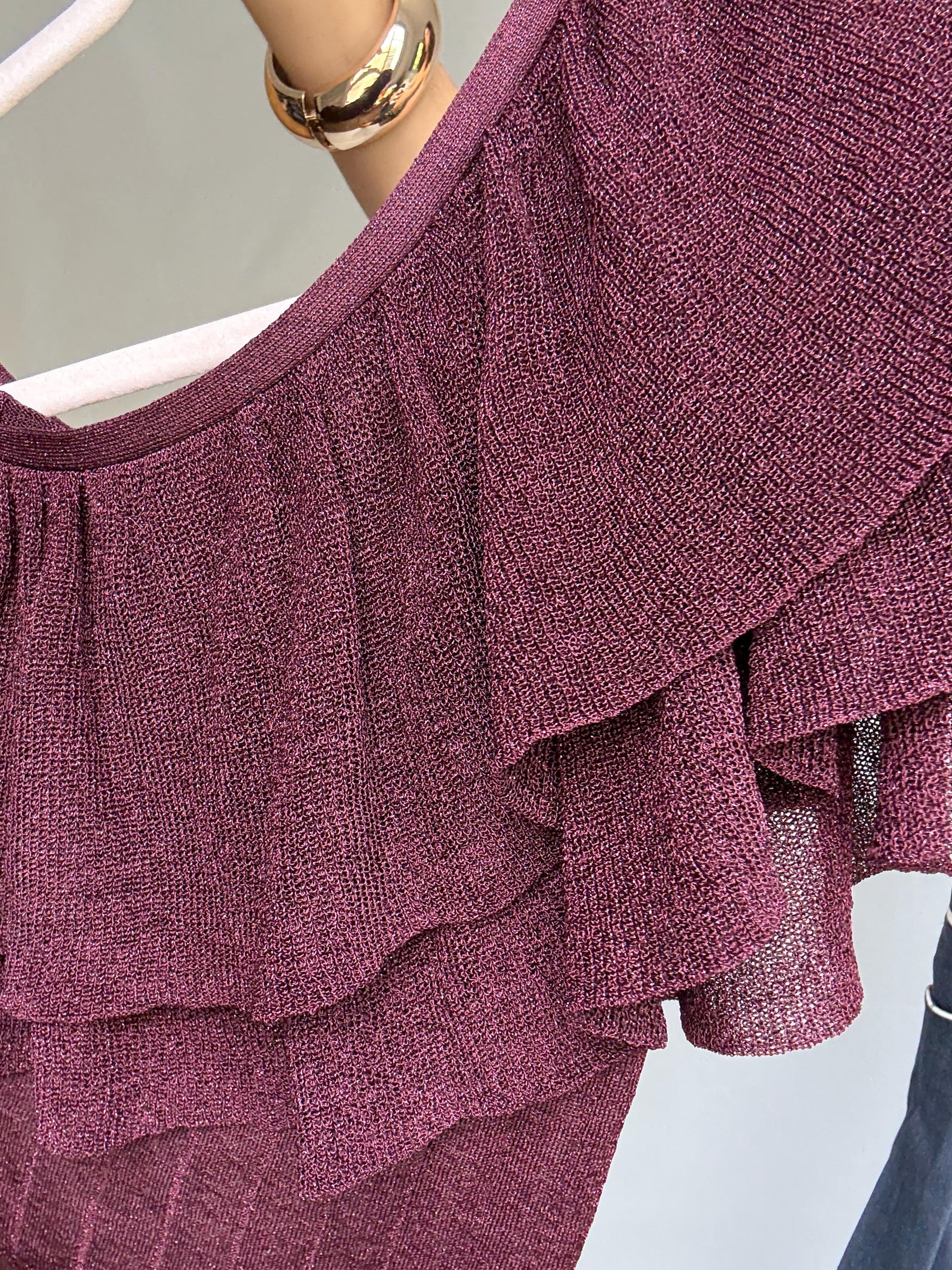 Vintage burgundy one, shoulder top, metallic ribbed knit feel, asymmetrical cut, ruffle detail, elegant chic vibe, US M, evening wear