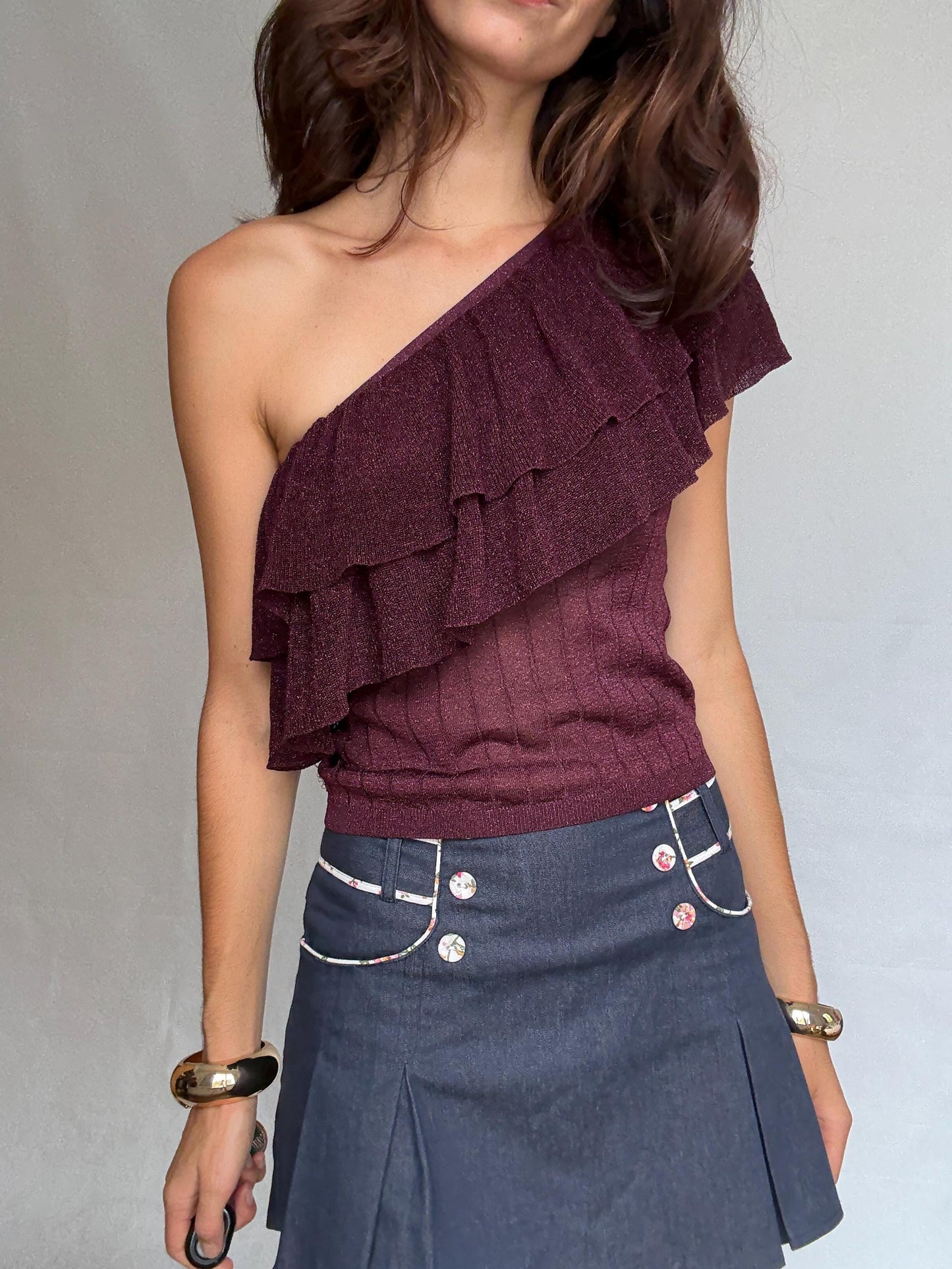 Vintage burgundy one, shoulder top, metallic ribbed knit feel, asymmetrical cut, ruffle detail, elegant chic vibe, US M, evening wear