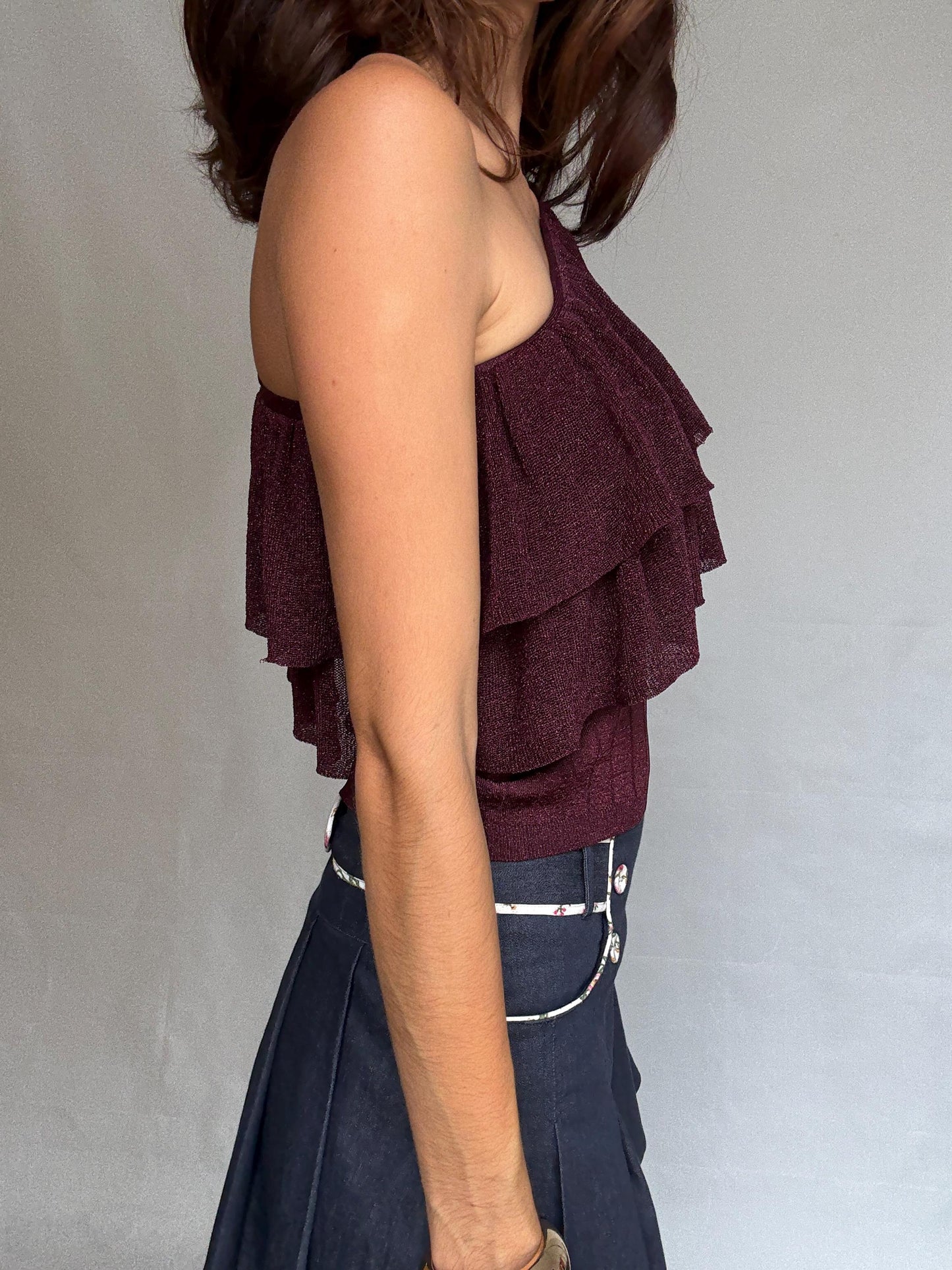 Vintage burgundy one, shoulder top, metallic ribbed knit feel, asymmetrical cut, ruffle detail, elegant chic vibe, US M, evening wear