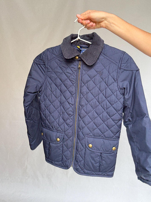 Polo Ralph Lauren kids navy quilted jacket, polyester feel, classic fit, zipper front, corduroy collar, casual streetwear, US M