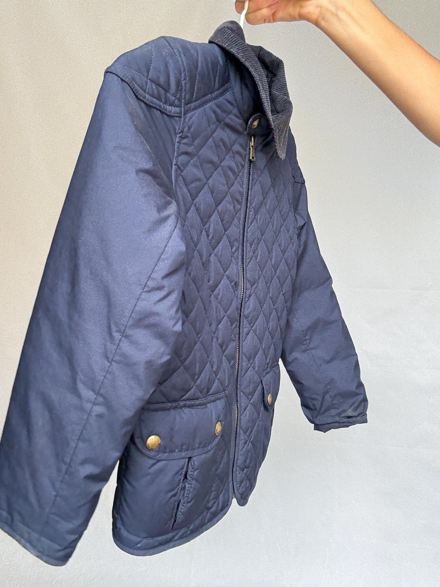 Polo Ralph Lauren kids navy quilted jacket, polyester feel, classic fit, zipper front, corduroy collar, casual streetwear, US M