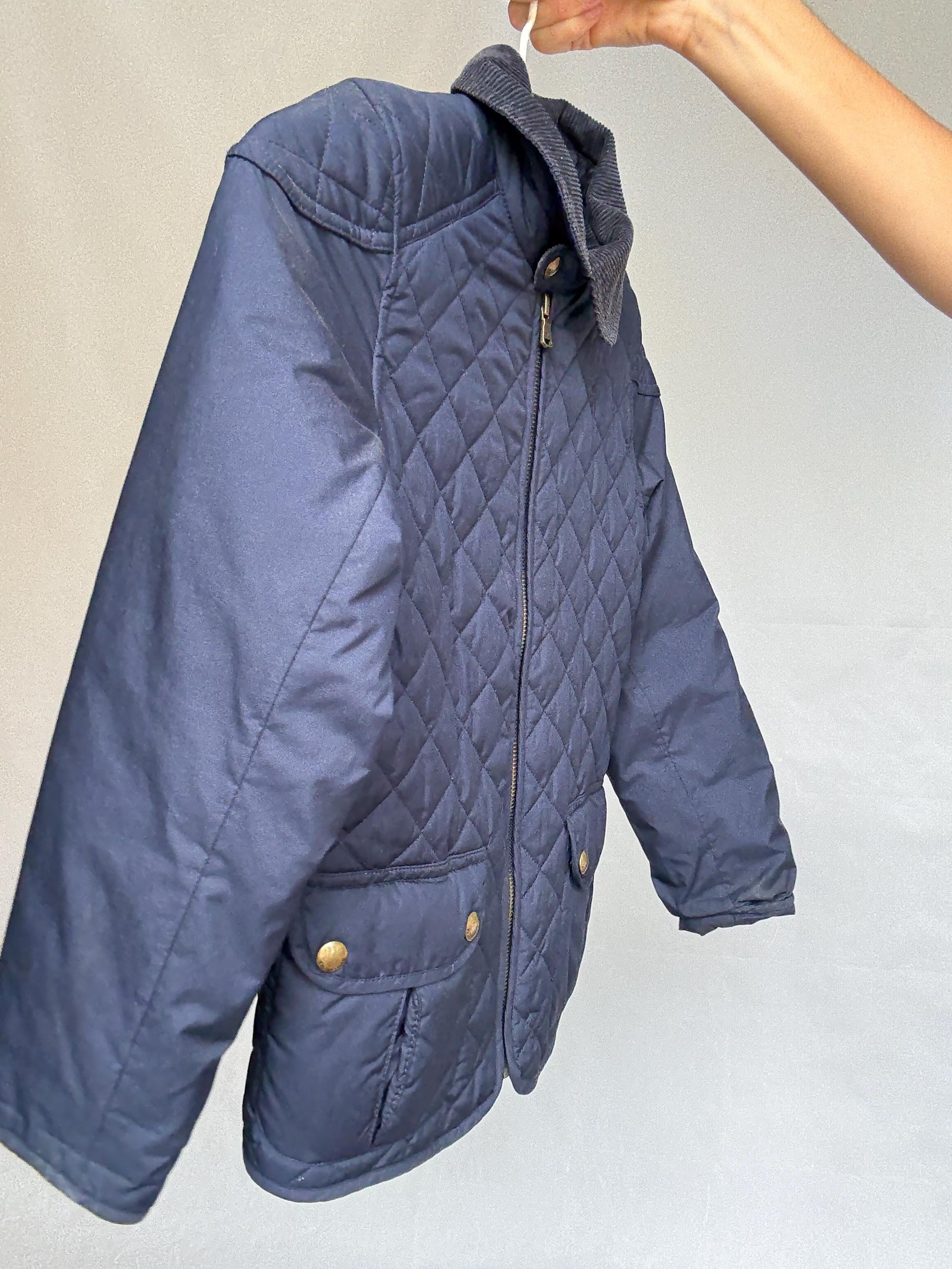 Polo Ralph Lauren kids navy quilted jacket, polyester feel, classic fit, zipper front, corduroy collar, casual streetwear, US M