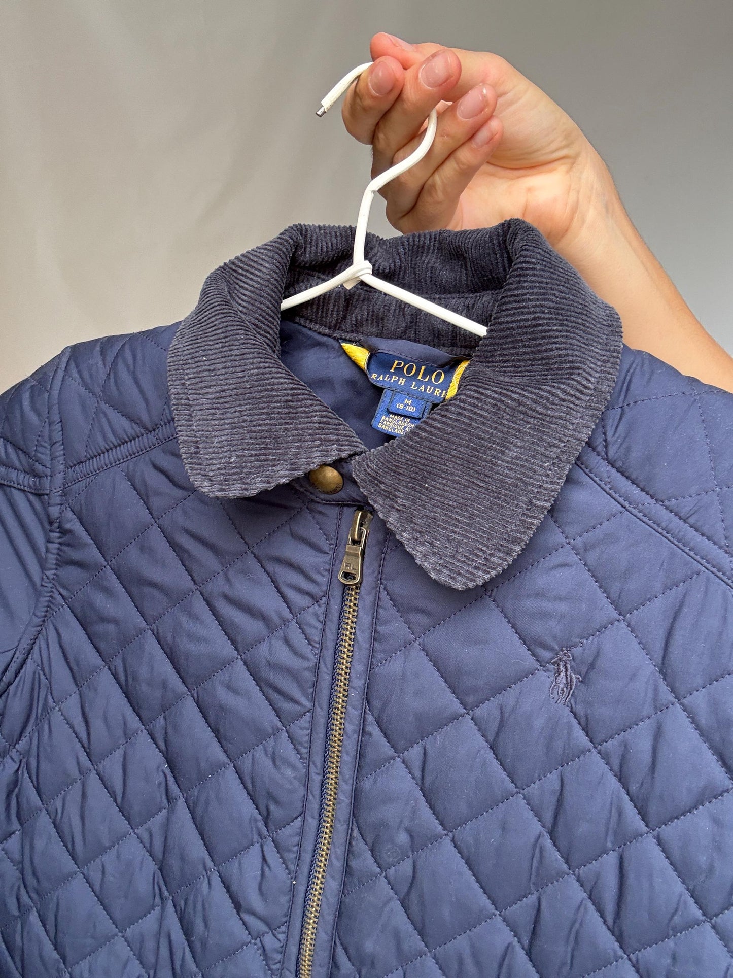 Polo Ralph Lauren kids navy quilted jacket, polyester feel, classic fit, zipper front, corduroy collar, casual streetwear, US M