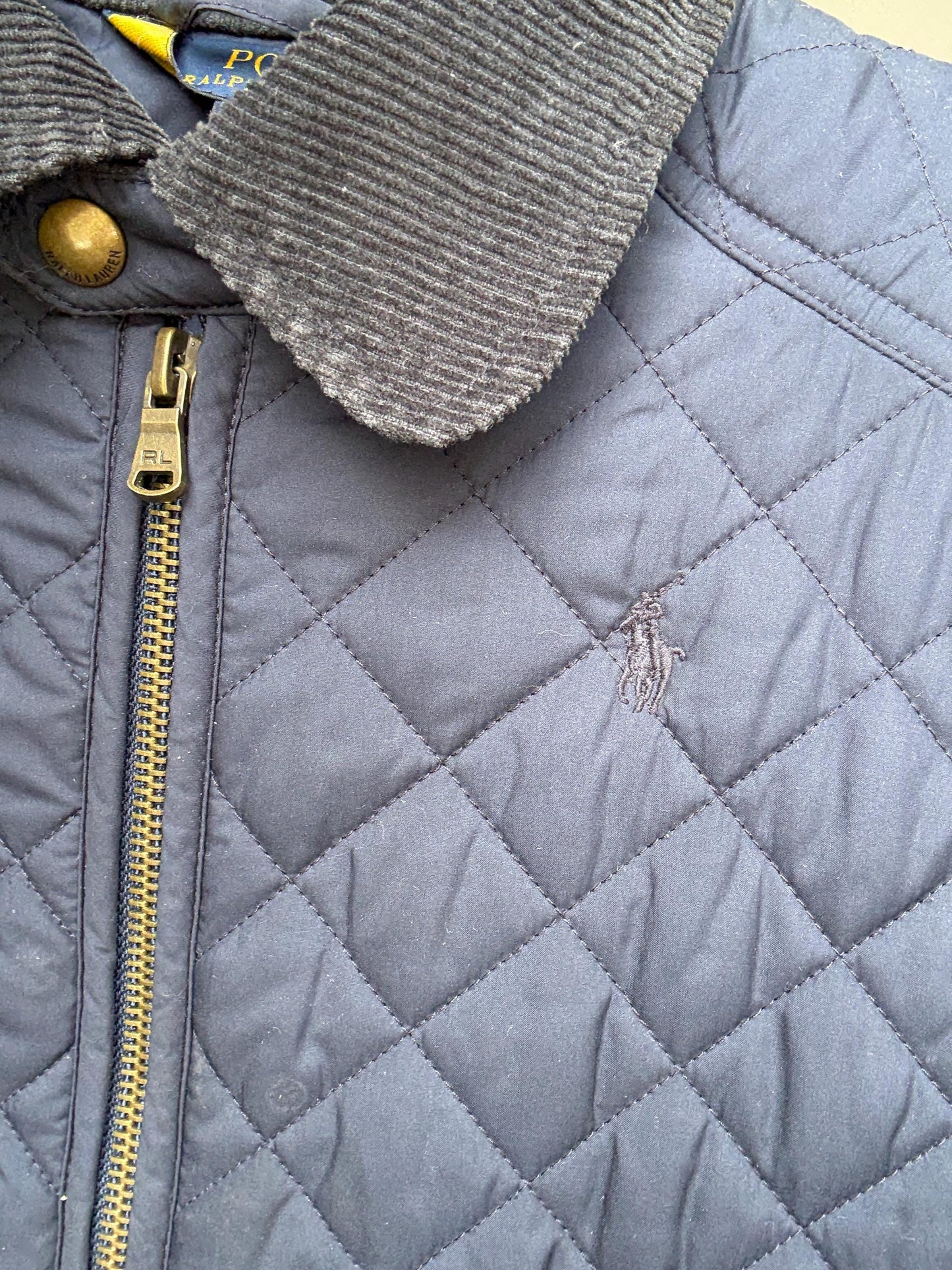 Polo Ralph Lauren kids navy quilted jacket, polyester feel, classic fit, zipper front, corduroy collar, casual streetwear, US M