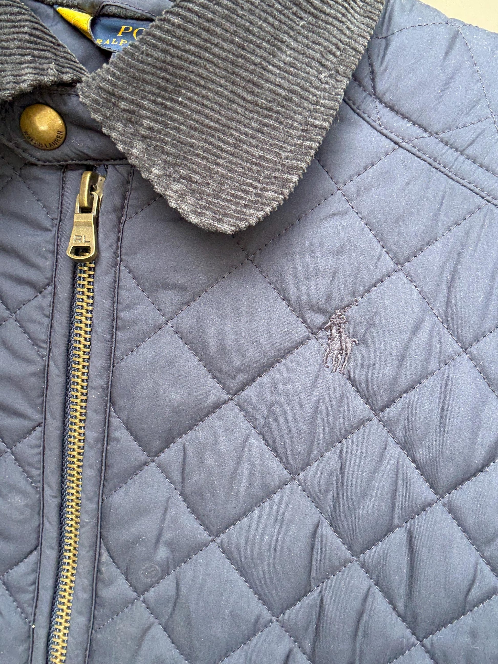 Polo Ralph Lauren kids navy quilted jacket, polyester feel, classic fit, zipper front, corduroy collar, casual streetwear, US M