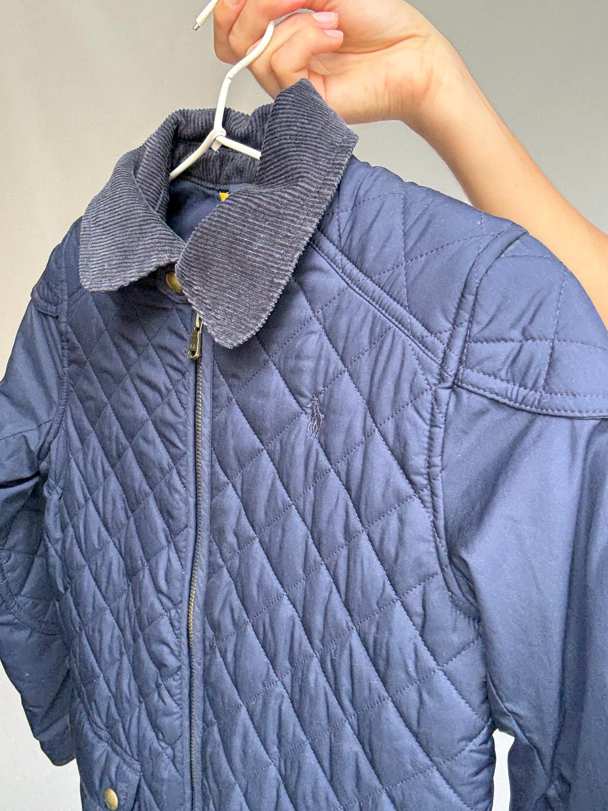 Polo Ralph Lauren kids navy quilted jacket, polyester feel, classic fit, zipper front, corduroy collar, casual streetwear, US M